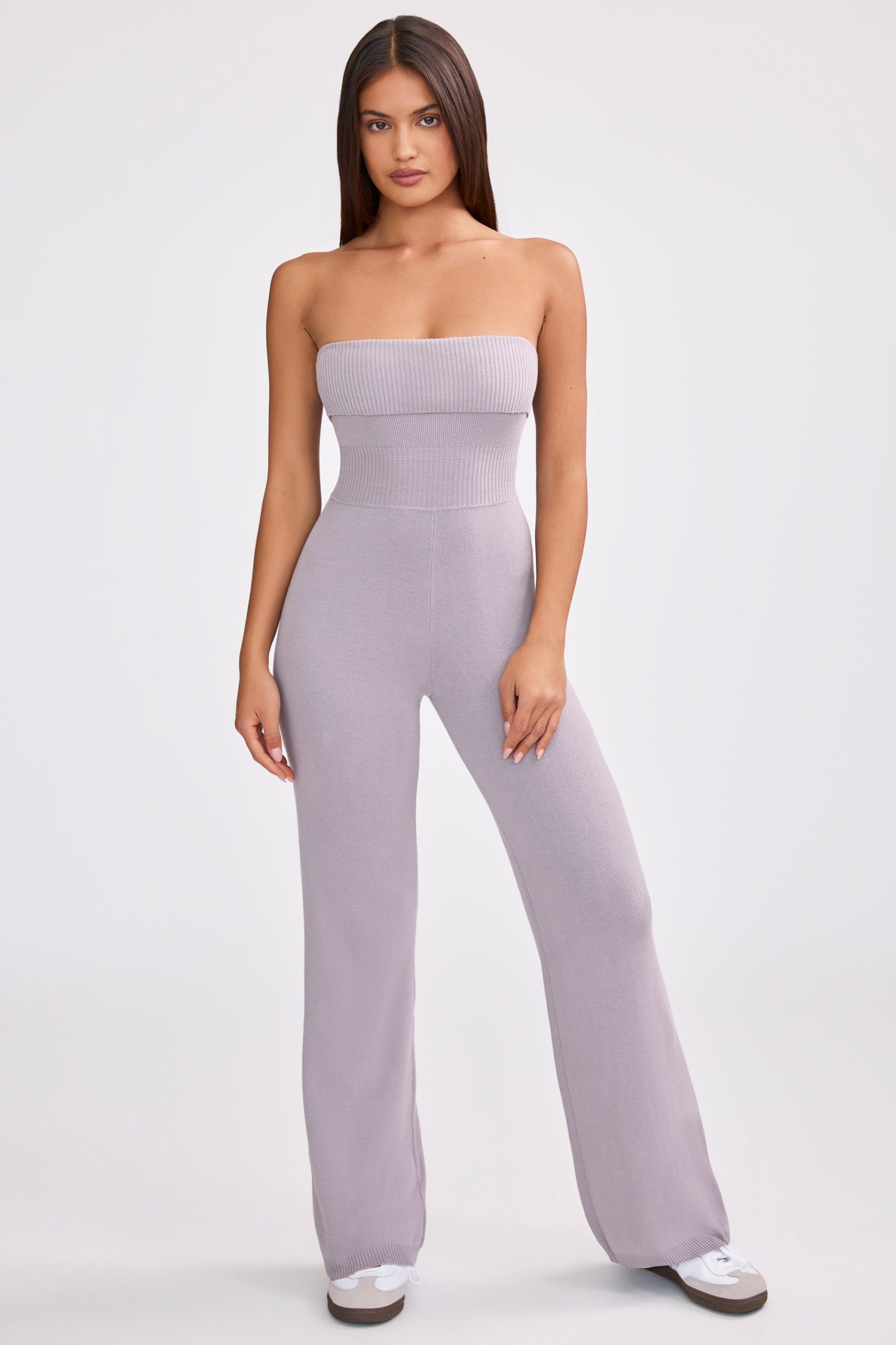 Chunky Knit Bandeau Kick Flare Jumpsuit in Dusty Lavender - Image 9