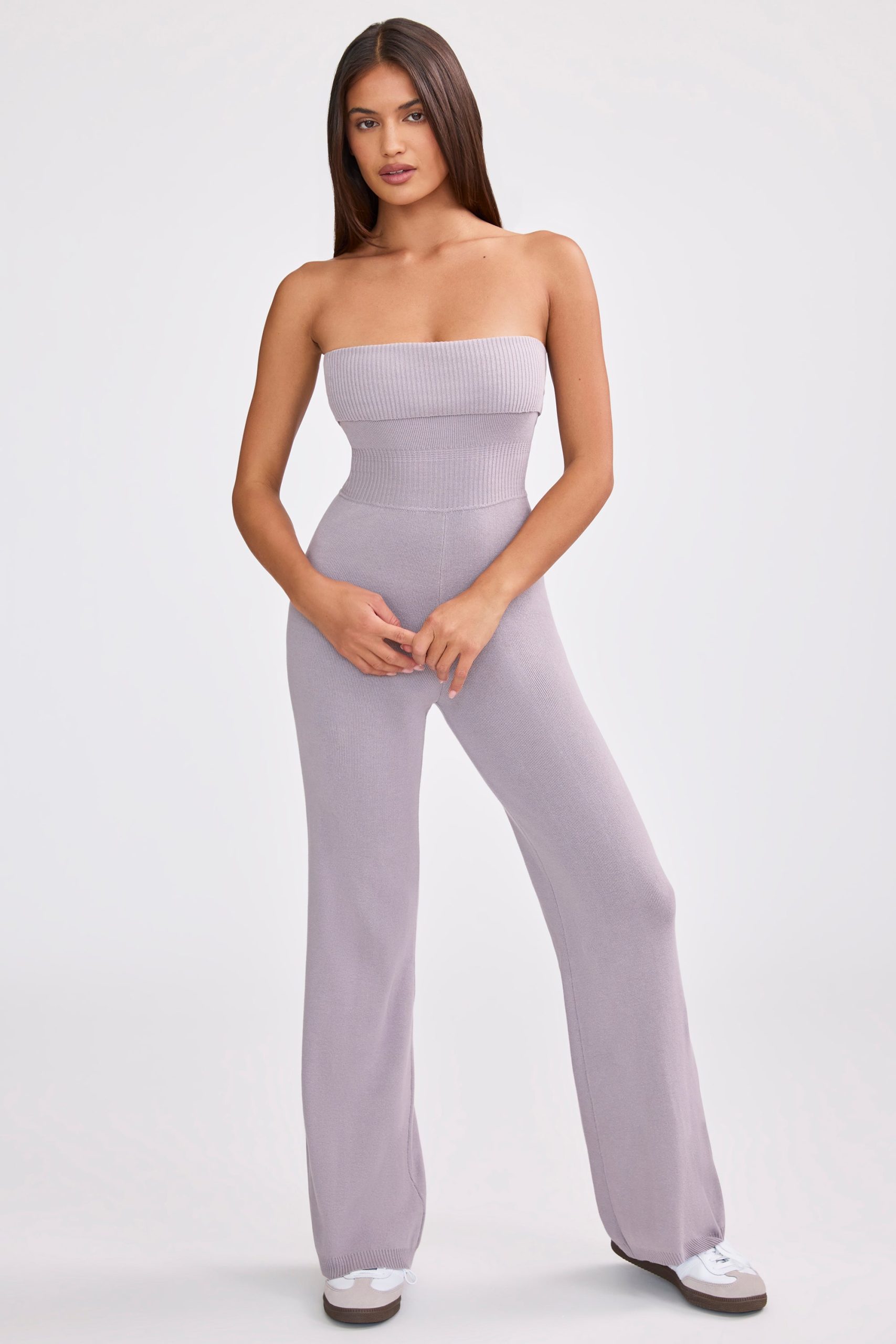 Chunky Knit Bandeau Kick Flare Jumpsuit in Dusty Lavender - Image 5