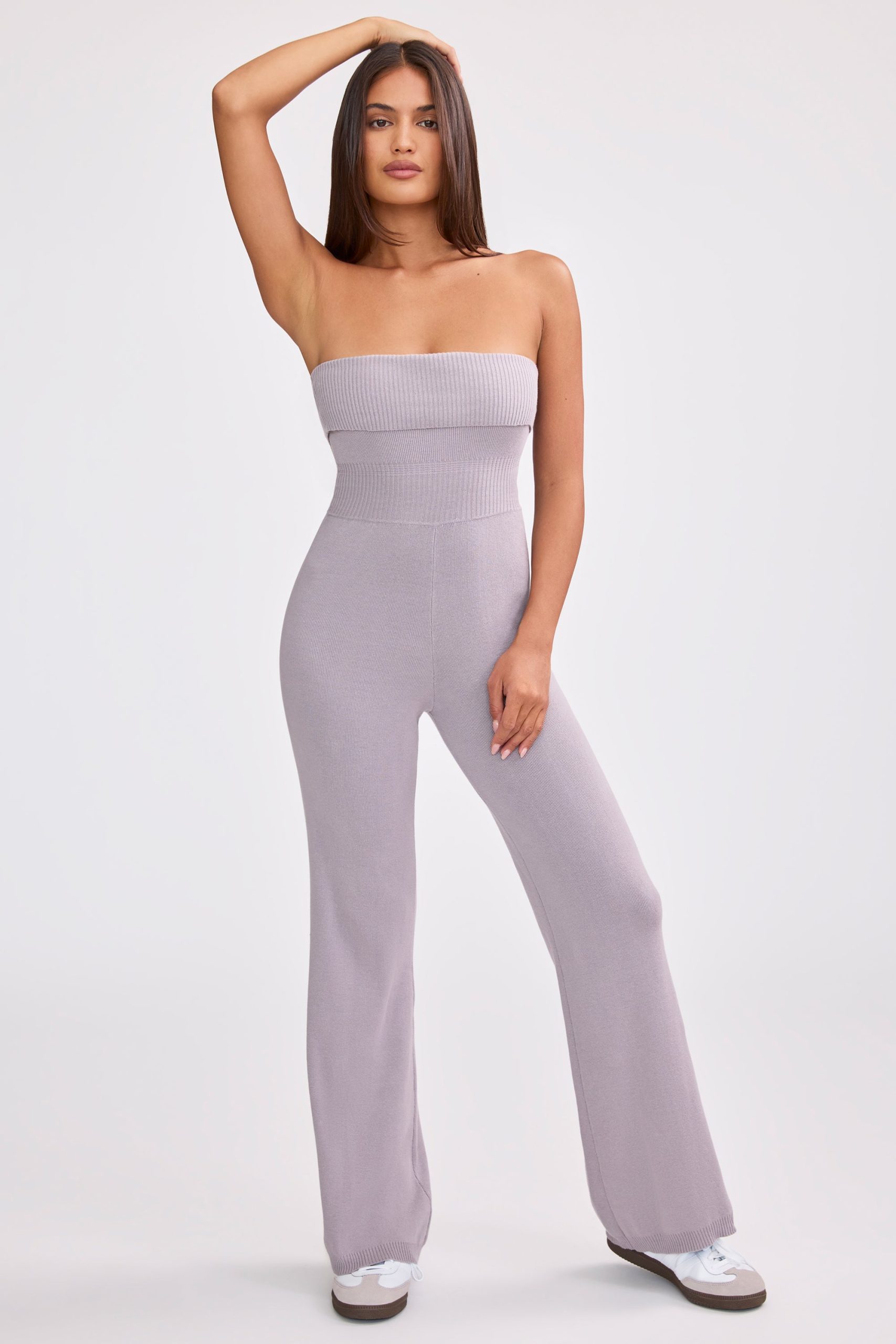 Chunky Knit Bandeau Kick Flare Jumpsuit in Dusty Lavender - Image 8