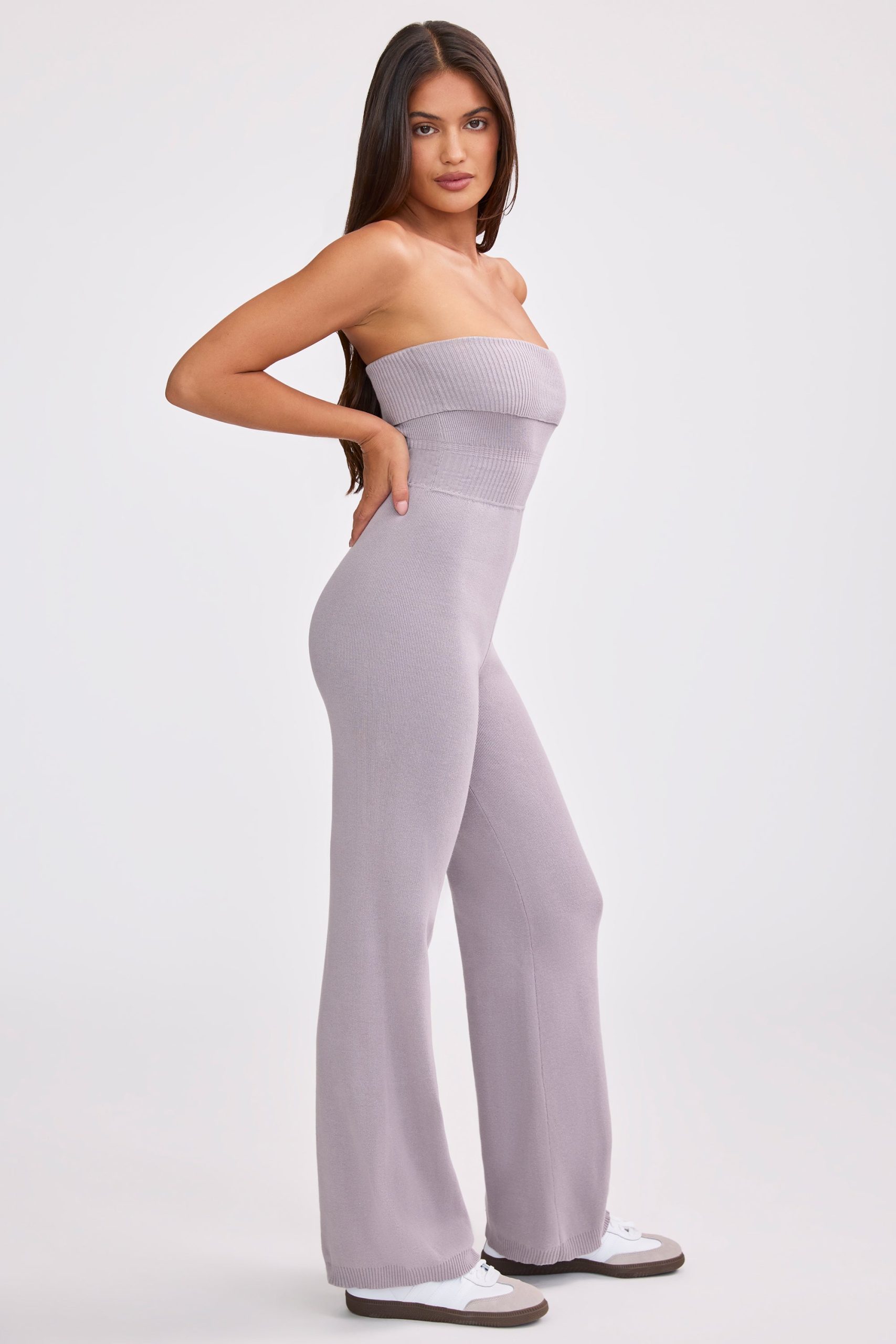 Chunky Knit Bandeau Kick Flare Jumpsuit in Dusty Lavender - Image 3