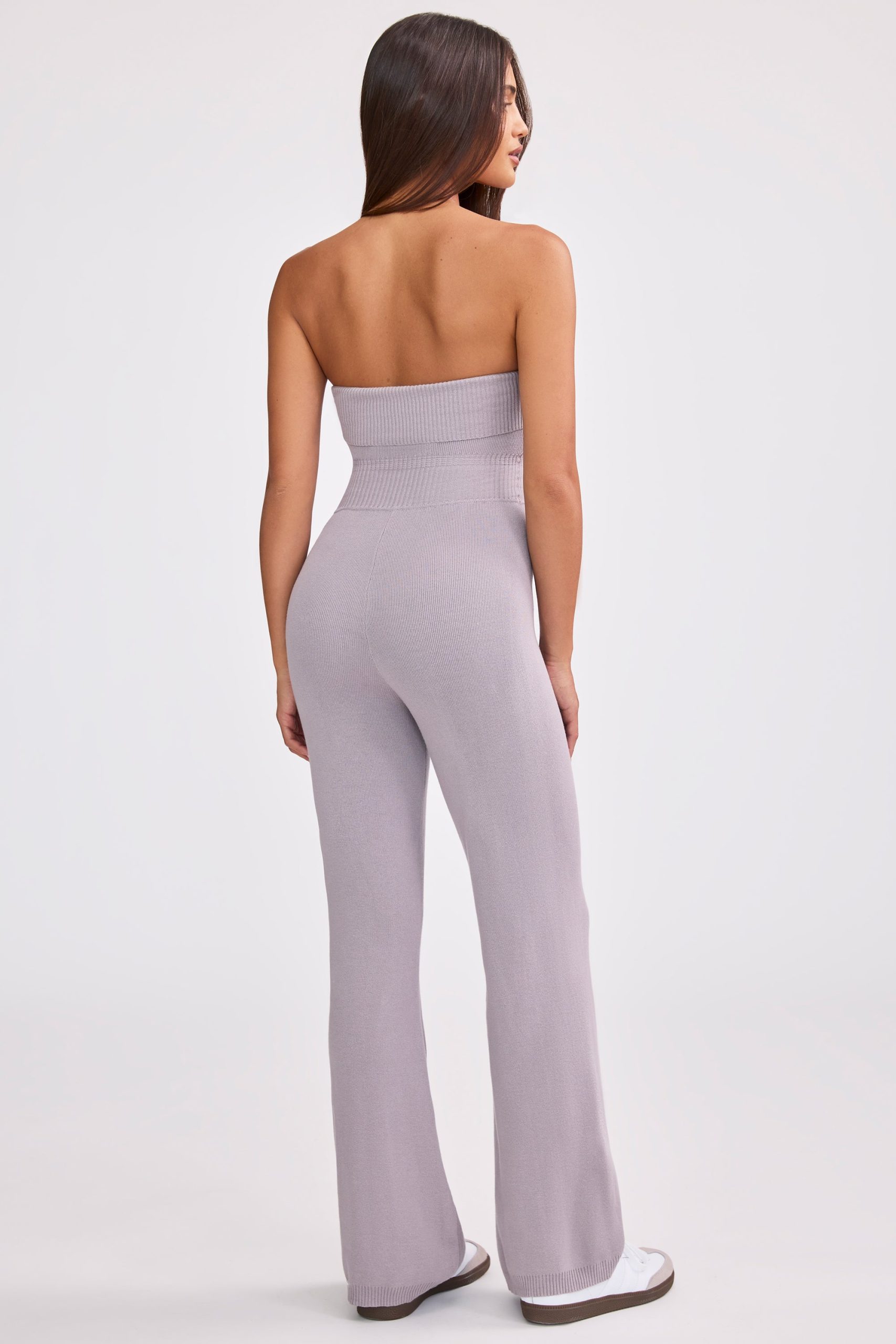 Chunky Knit Bandeau Kick Flare Jumpsuit in Dusty Lavender - Image 2