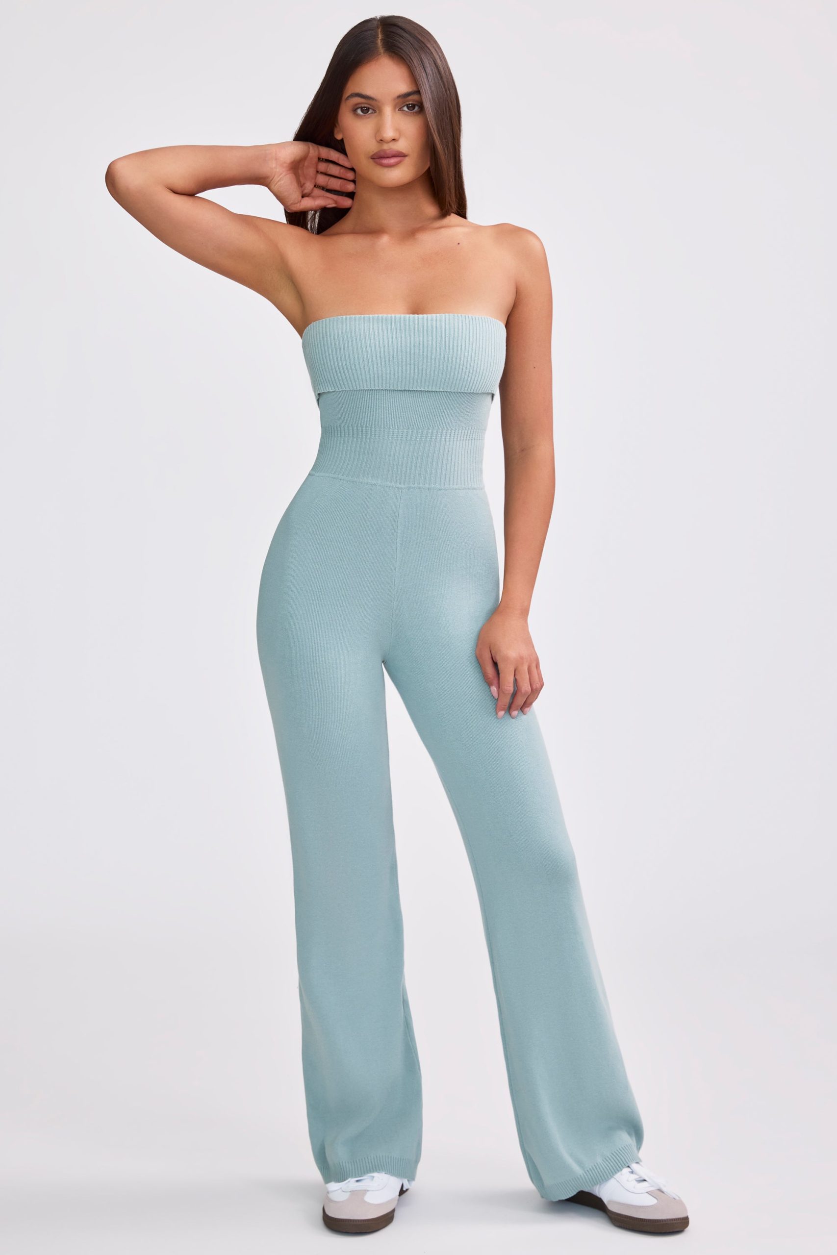 Chunky Knit Bandeau Kick Flare Jumpsuit in Dusty Teal - Image 9