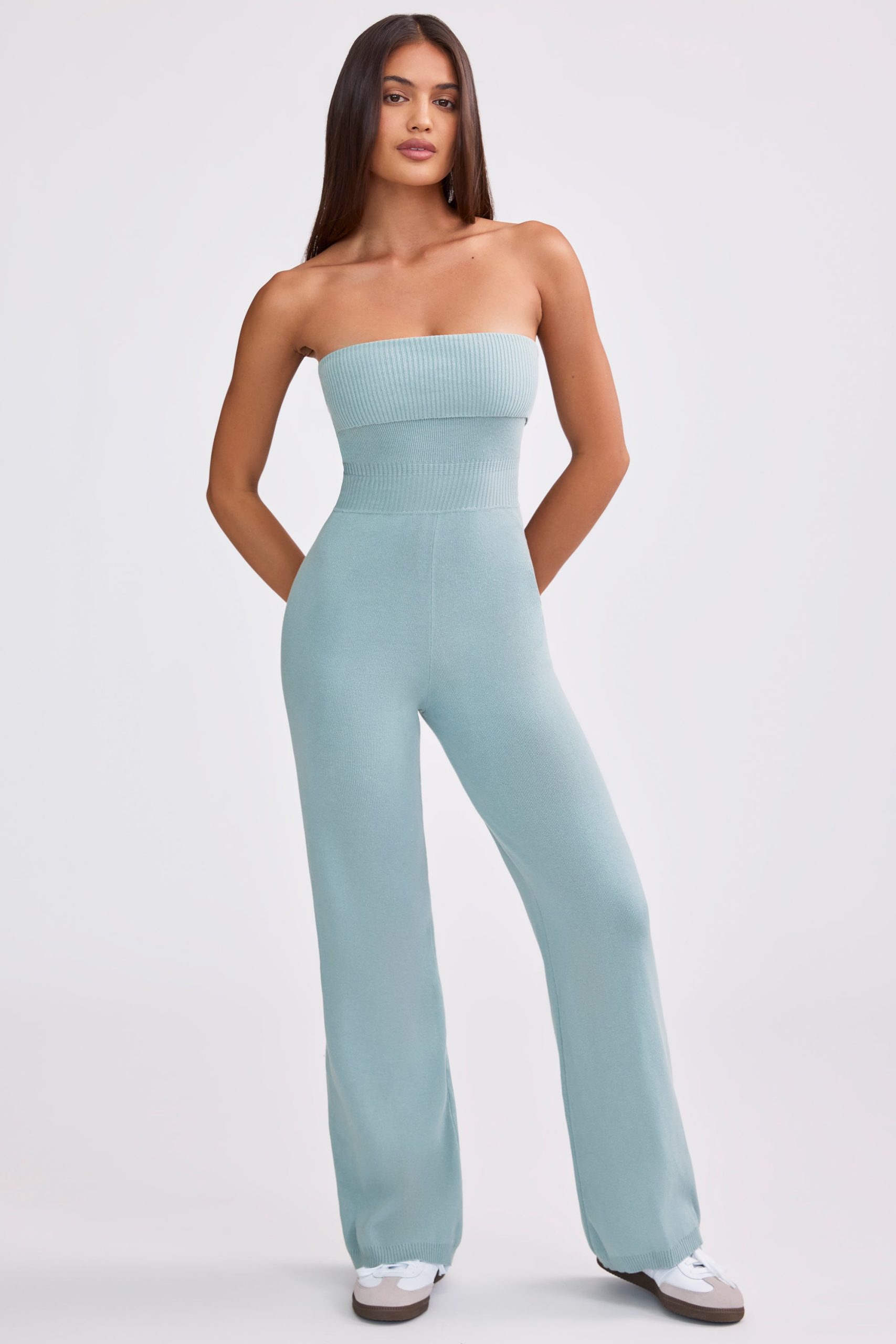 Chunky Knit Bandeau Kick Flare Jumpsuit in Dusty Teal - Image 8