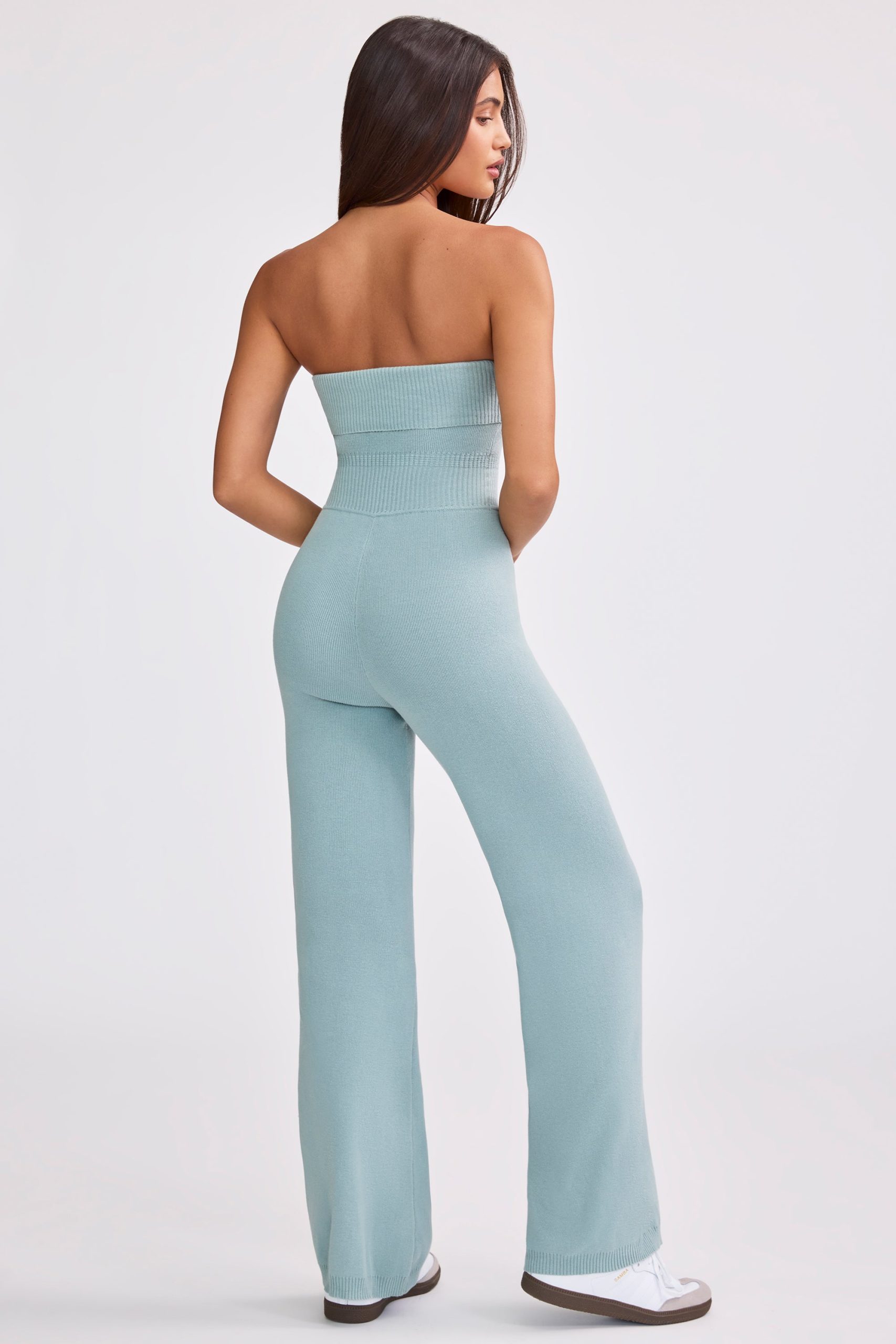 Chunky Knit Bandeau Kick Flare Jumpsuit in Dusty Teal - Image 2