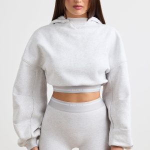 Stretch Cotton Fleece Cropped Hoodie in Grey Marl