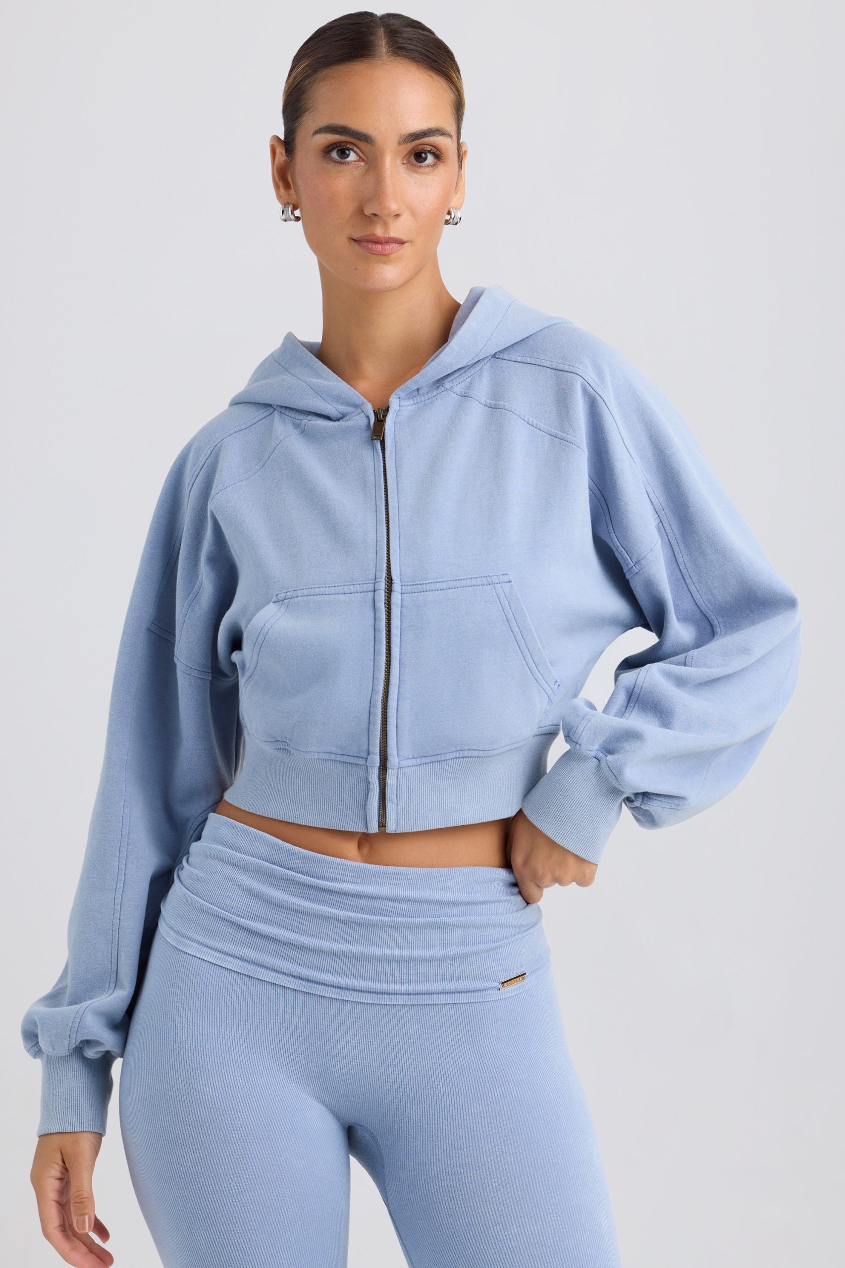 Brushed Jersey Zip-Up Cropped Hoodie in Washed Blue - Image 5