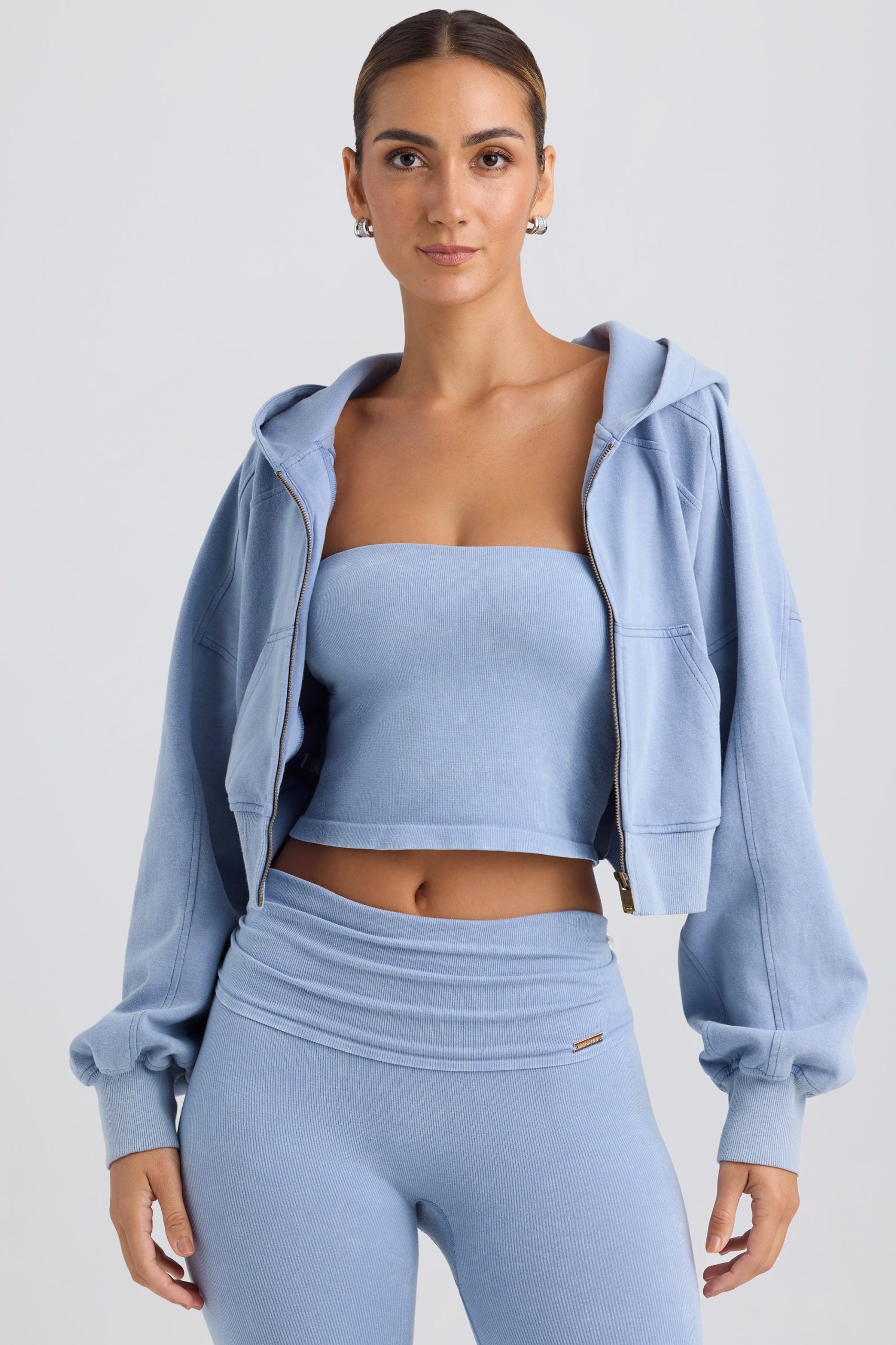 Brushed Jersey Zip-Up Cropped Hoodie in Washed Blue - Image 6