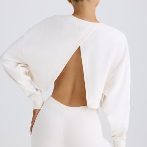 Textured Cotton Jersey Open-Back Cropped Sweatshirt in White