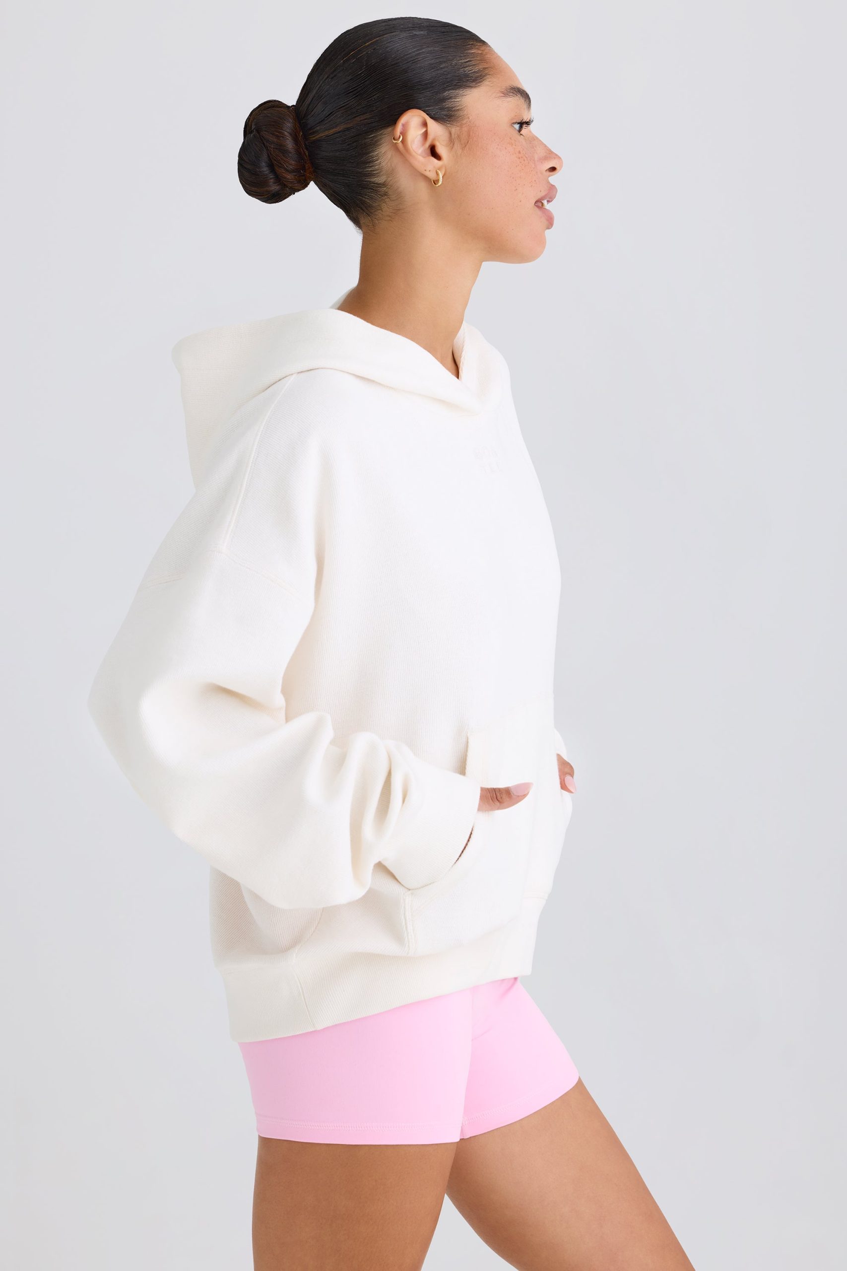 Textured Cotton Jersey Graphic Print Hoodie in White - Image 3