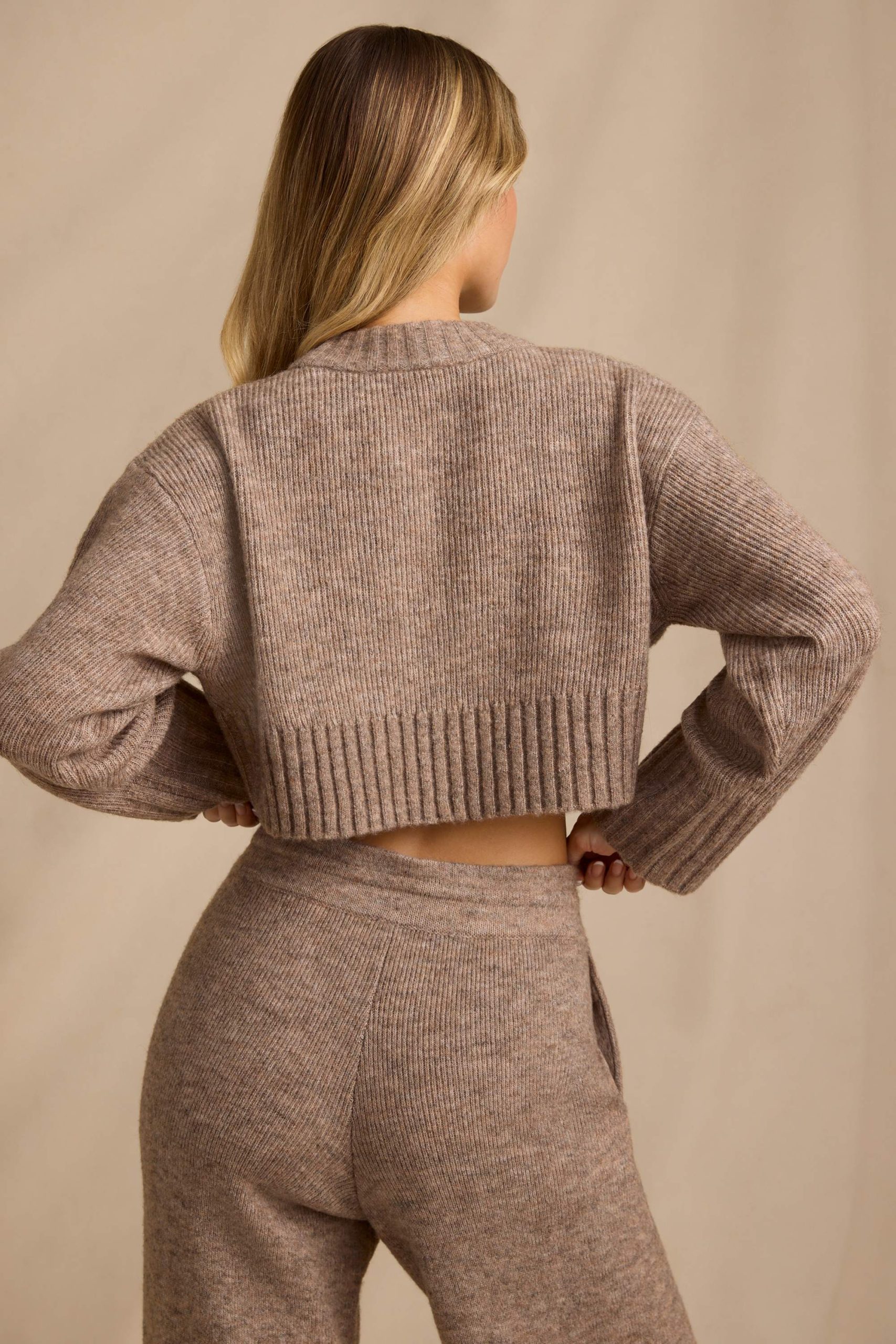 Ribbed Knit Cropped Jumper in Brown Marl - Image 2
