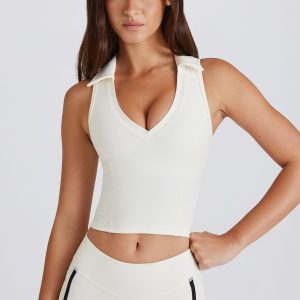 Soft Active Polo Crop Top in Ivory