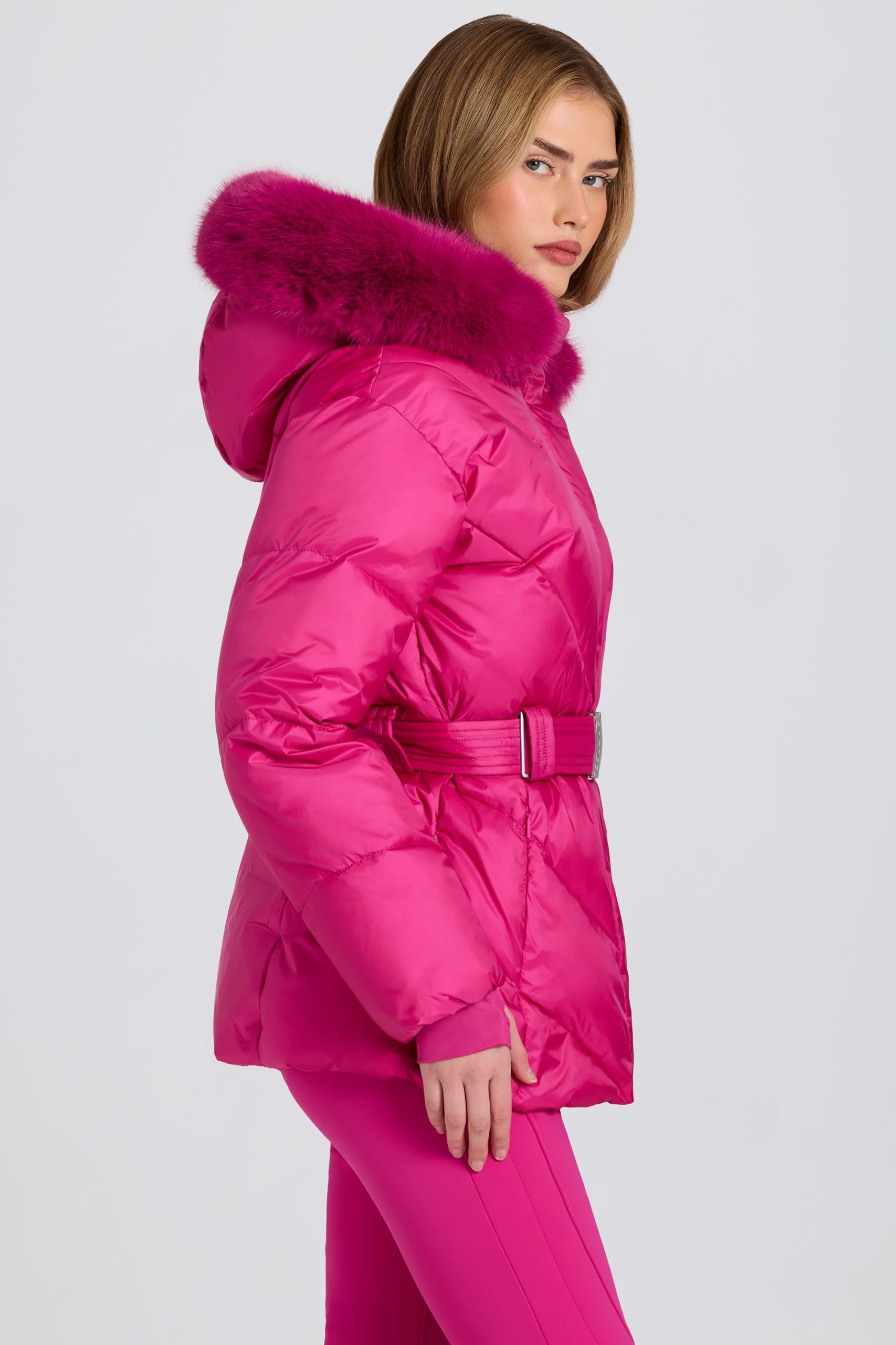 Waterproof Faux-Fur Hood Ski Jacket in Magenta Pink - Image 3