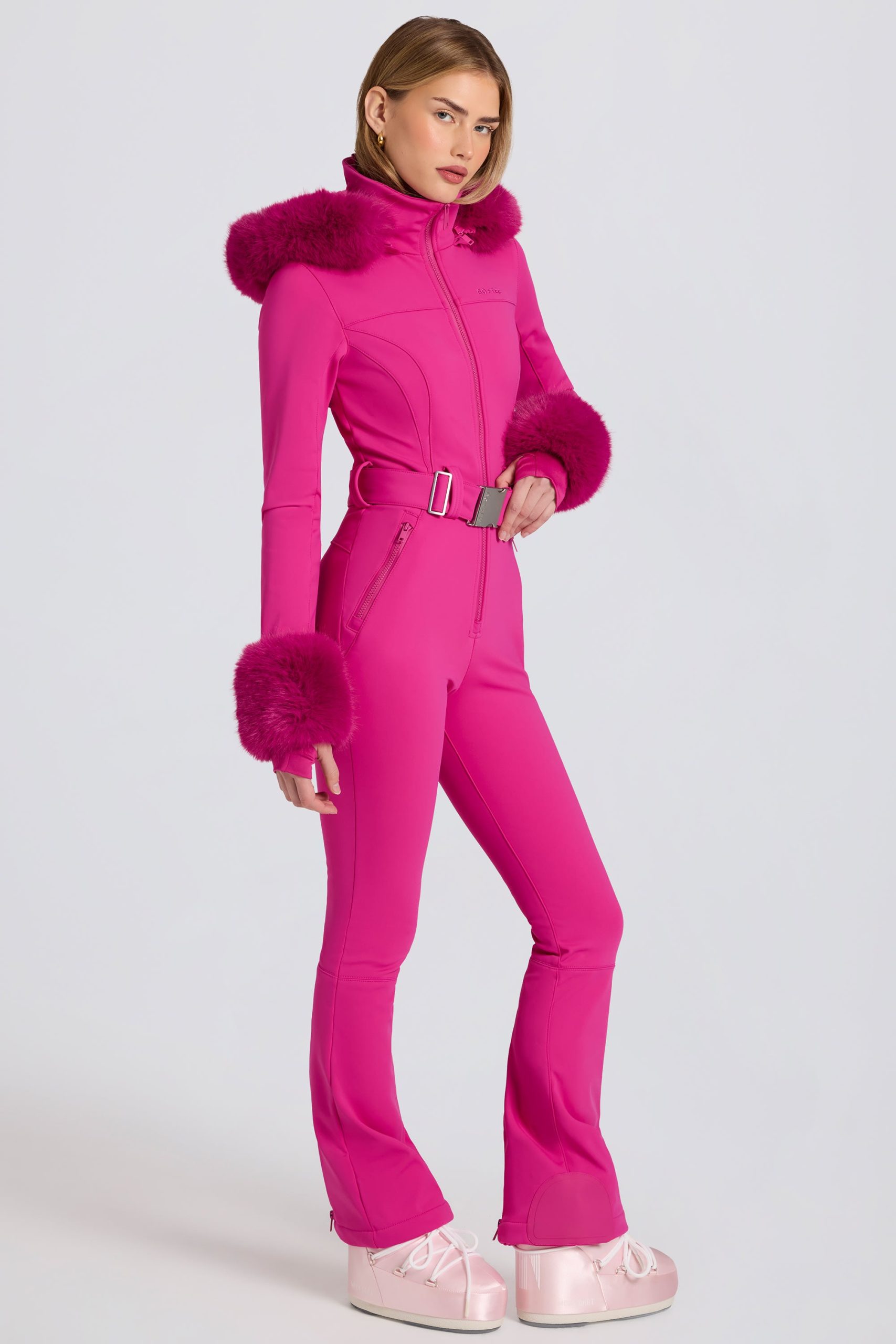 Waterproof Faux-Fur Hood Fitted Ski Suit in Magenta Pink - Image 4