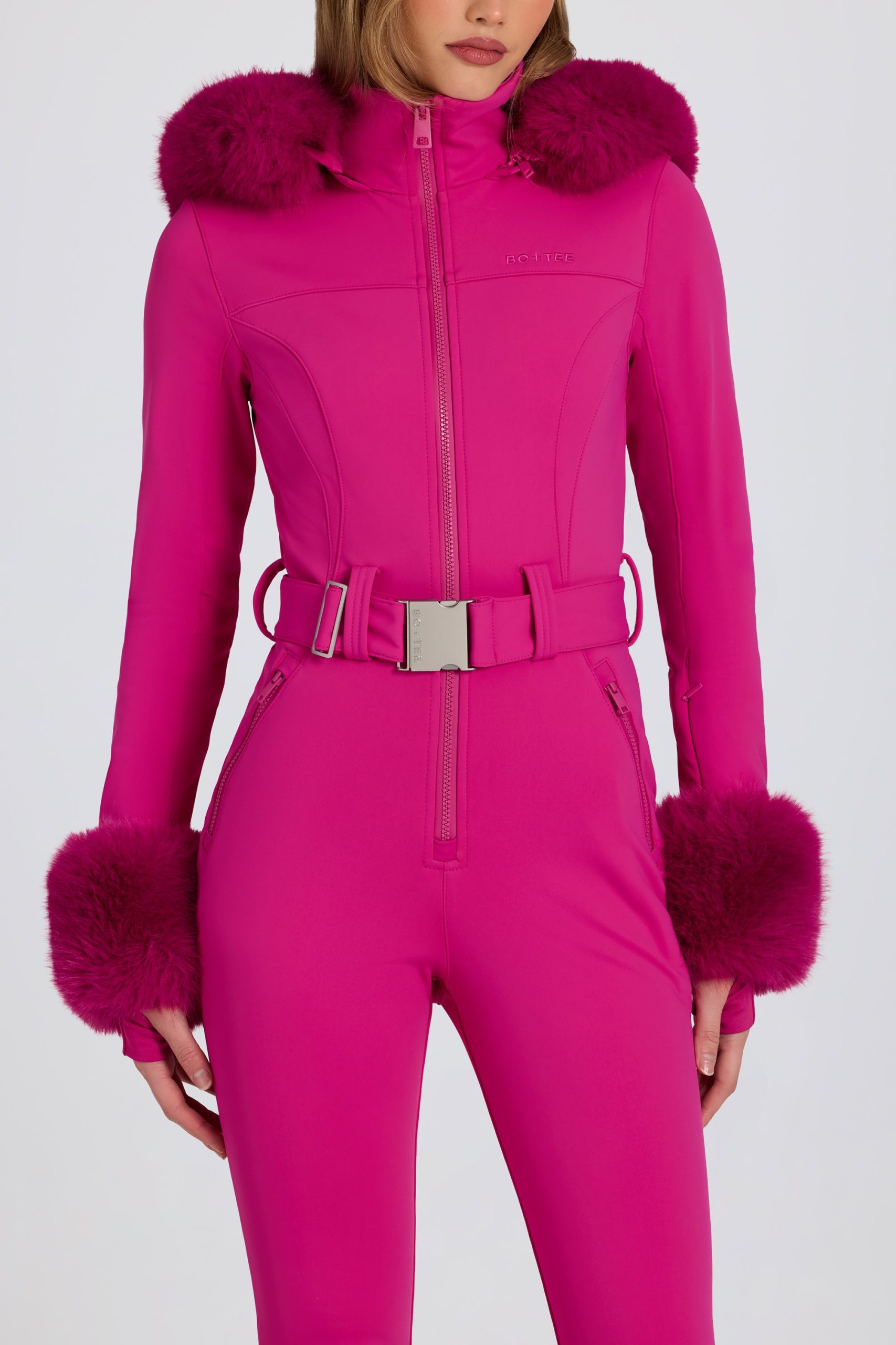 Waterproof Faux-Fur Hood Fitted Ski Suit in Magenta Pink - Image 5