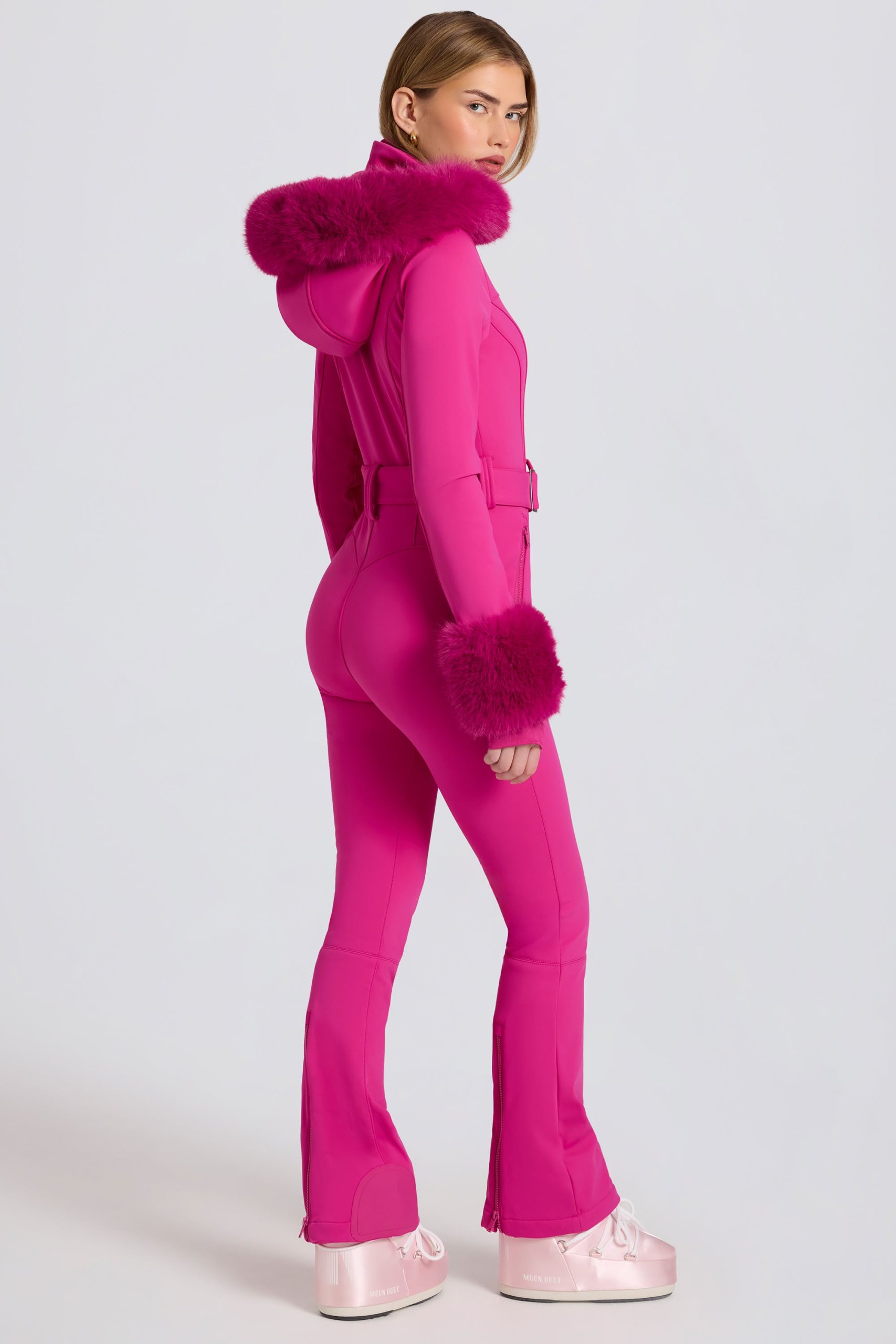 Waterproof Faux-Fur Hood Fitted Ski Suit in Magenta Pink - Image 2