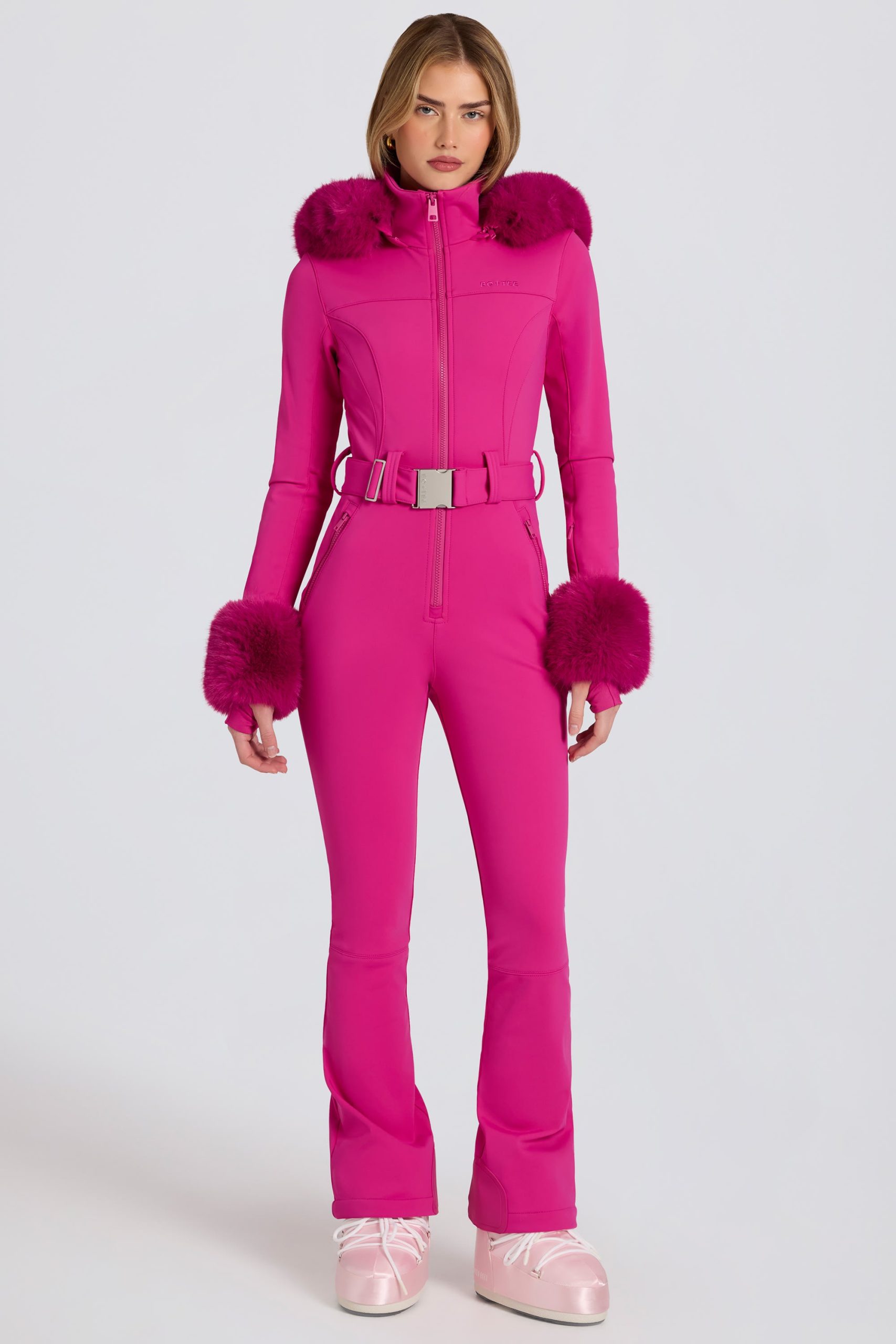 Waterproof Faux-Fur Hood Fitted Ski Suit in Magenta Pink - Image 6