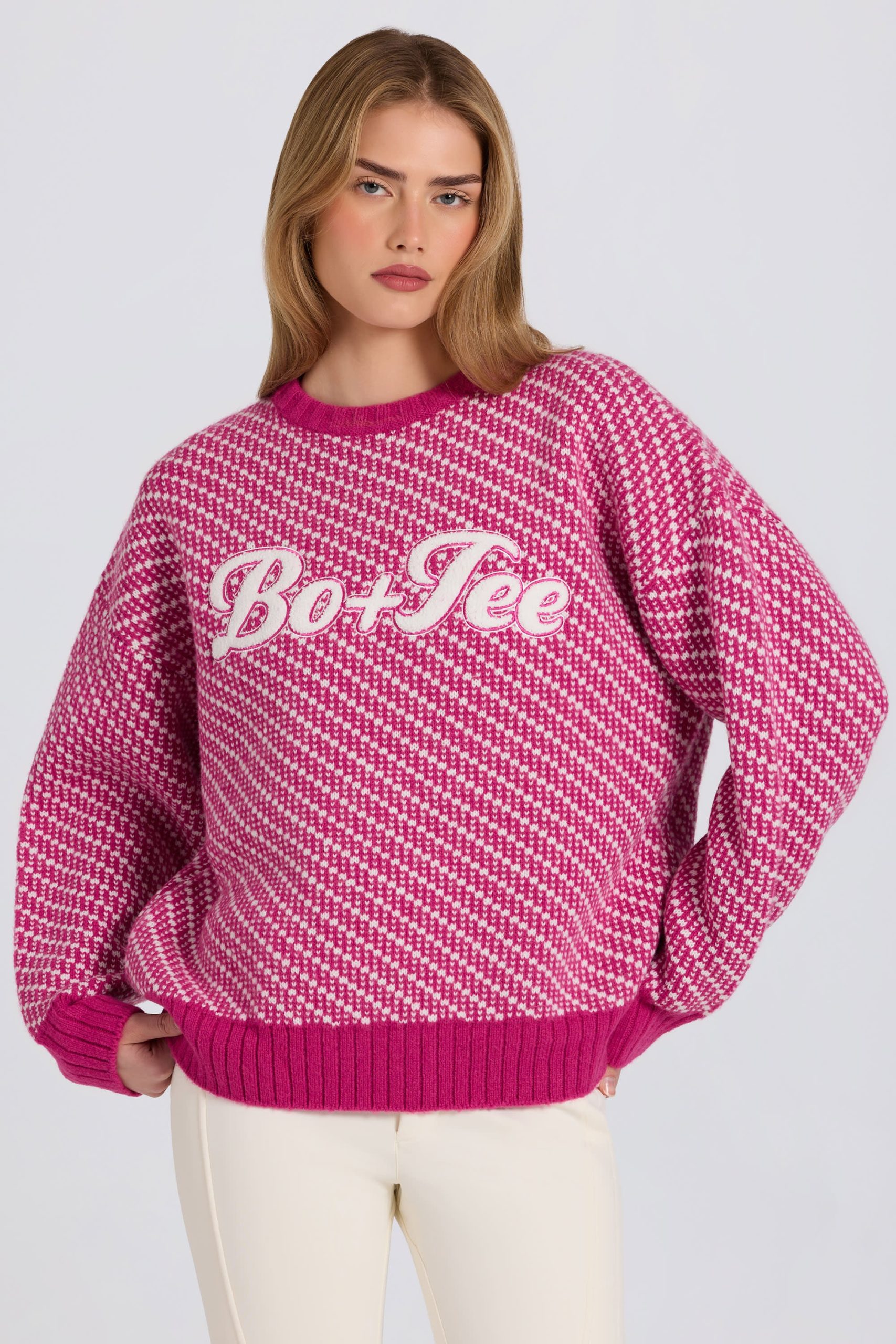 Knit Logo Oversized Jumper in Magenta Pink - Image 5