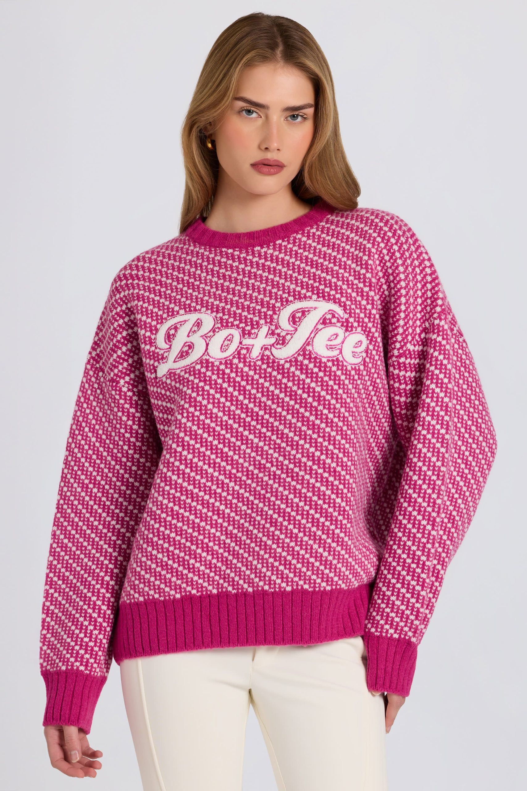 Knit Logo Oversized Jumper in Magenta Pink