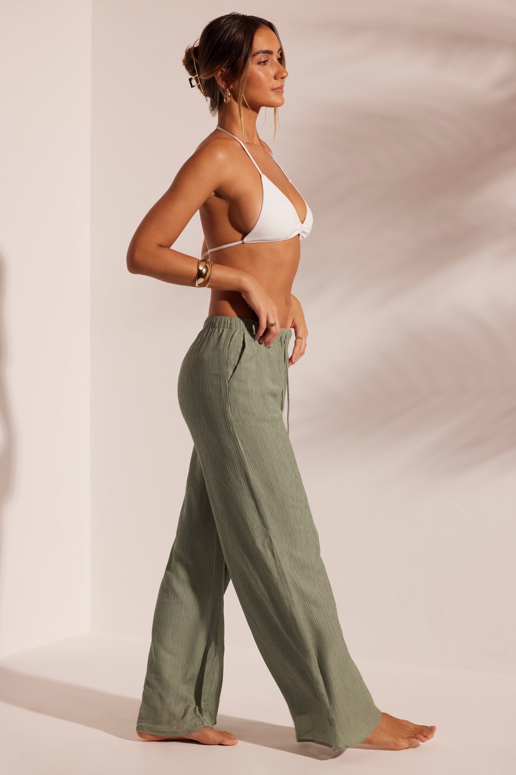 Crinkle Textured Beach Trousers in Light Green - Image 6