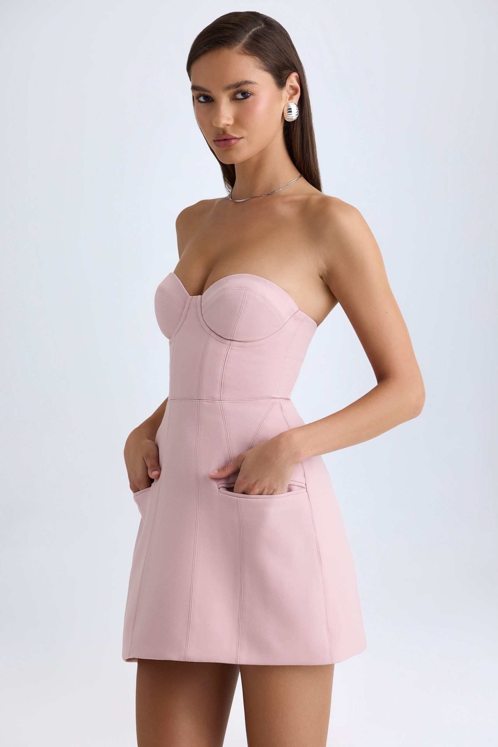 Strapless Structured Tulip Mini Dress in Pink Mauve - Image 5