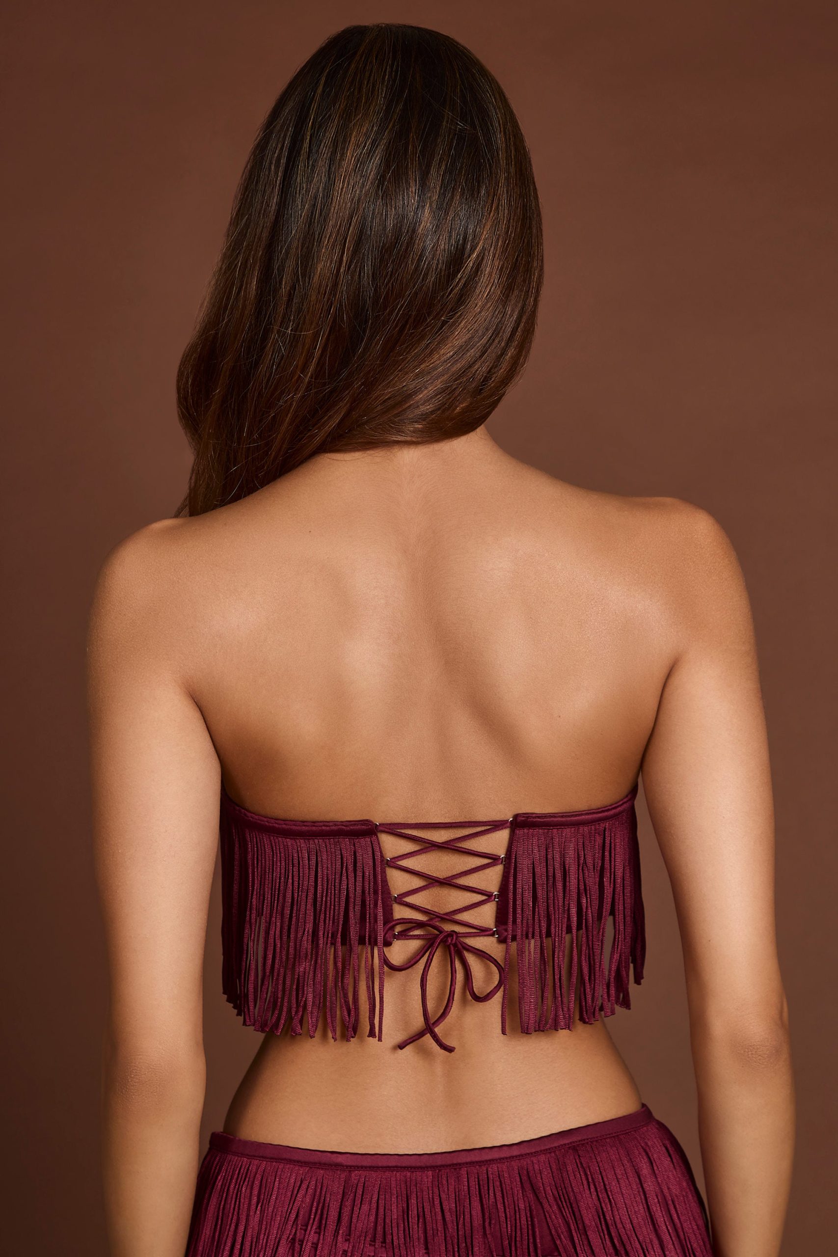 Fringed Bandeau Lace-up Crop Top in Wine Red - Image 2