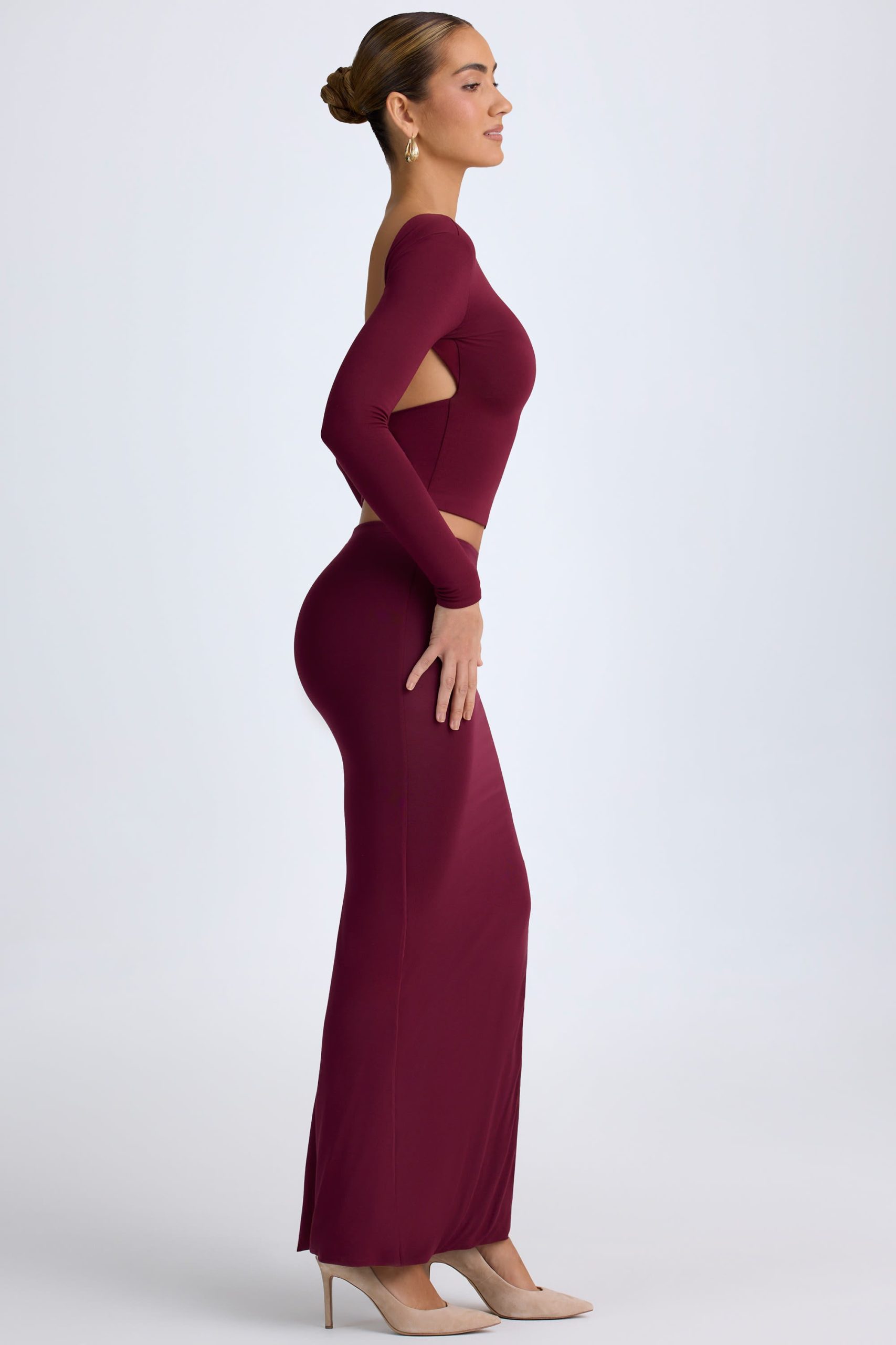 Modal Low-Rise Maxi Skirt in Wine Red - Image 3