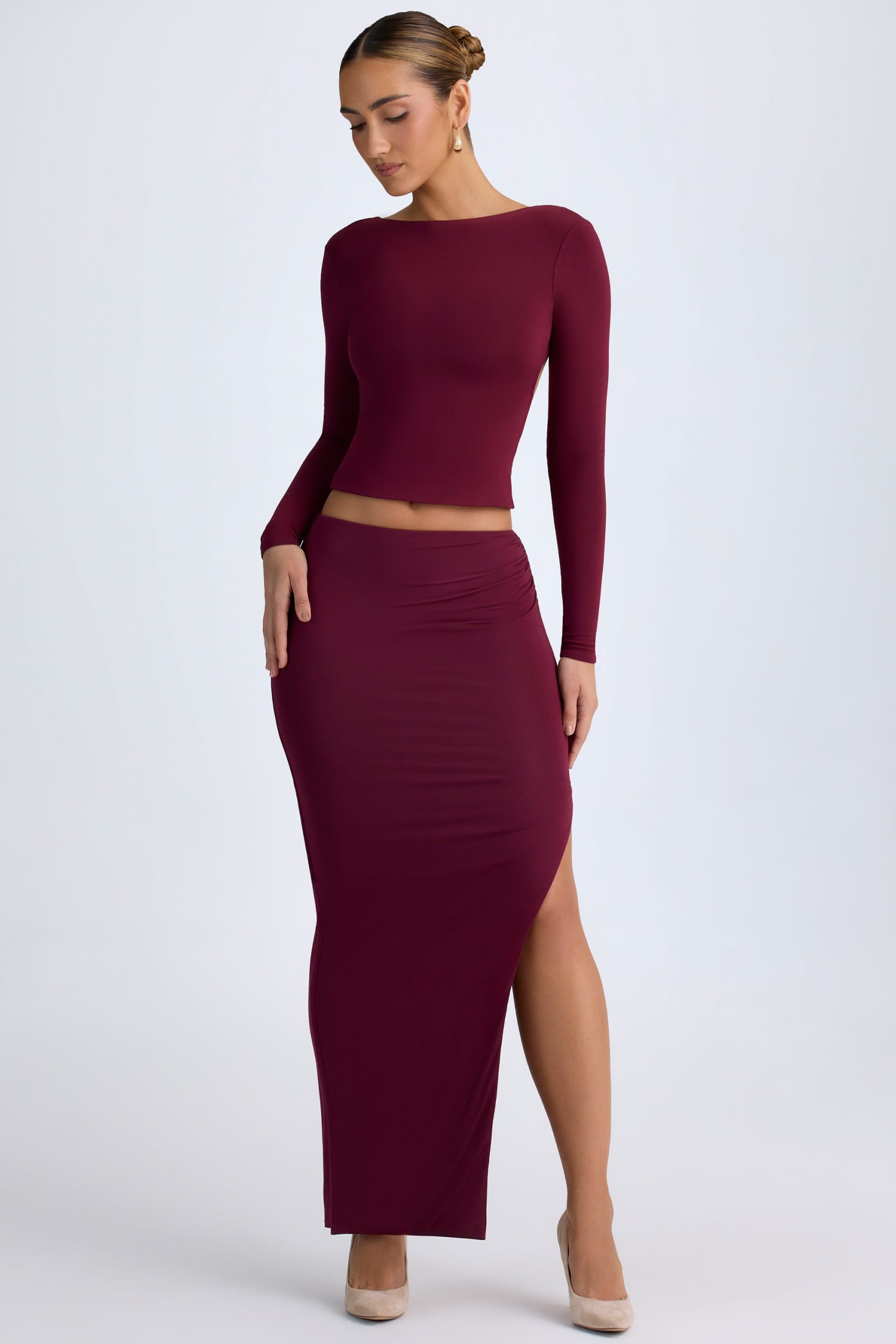 Modal Low-Rise Maxi Skirt in Wine Red - Image 4