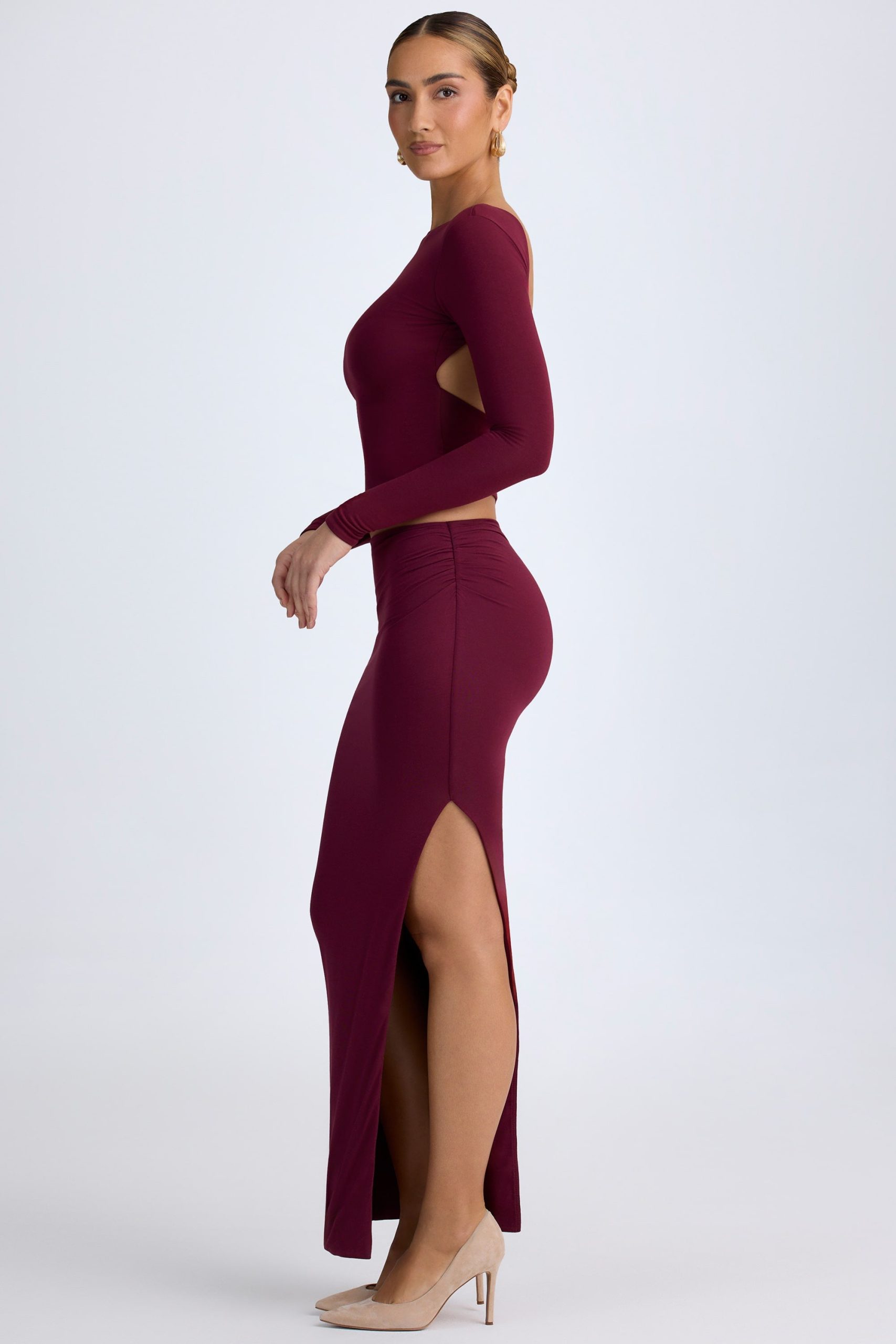 Modal Low-Rise Maxi Skirt in Wine Red - Image 5