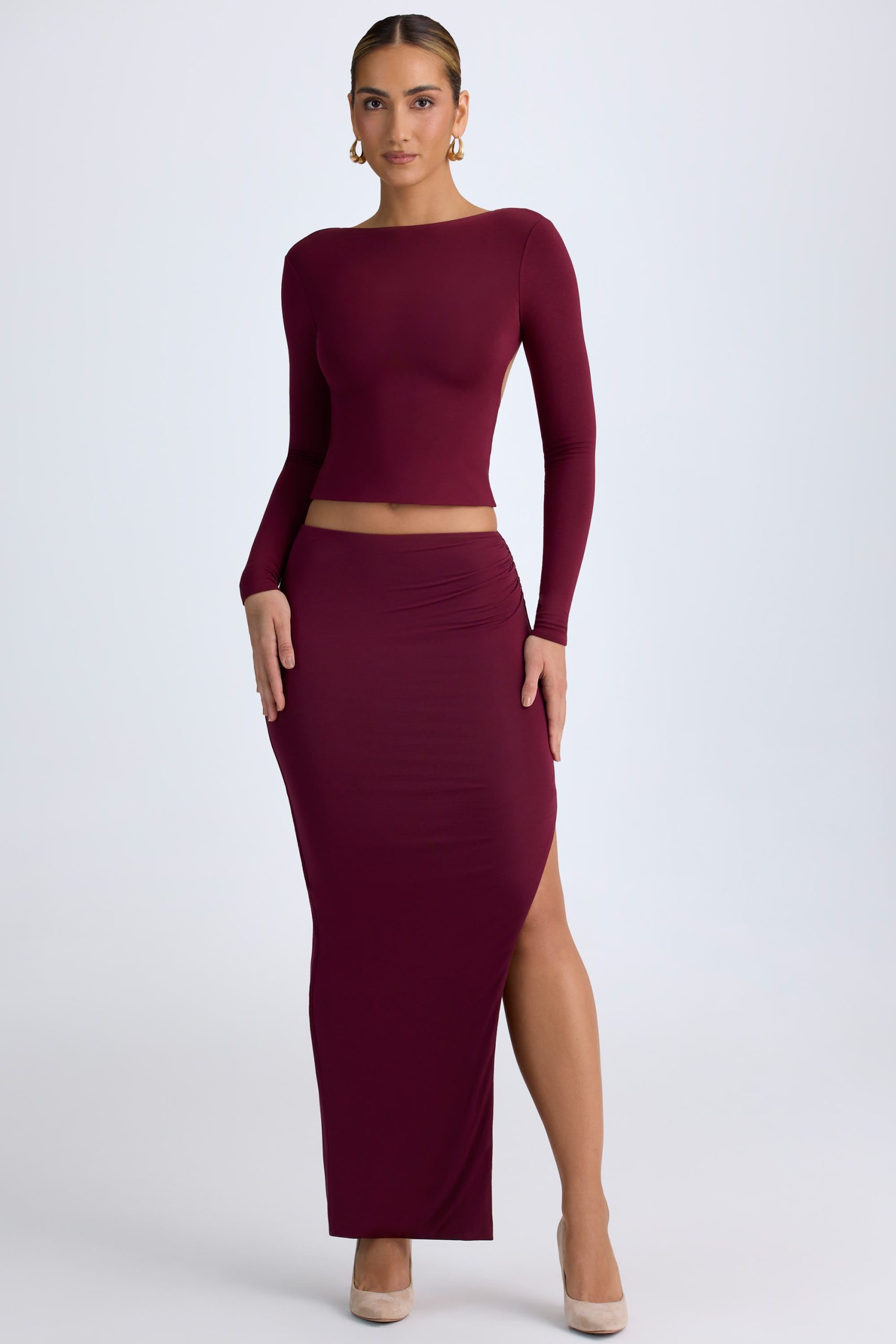 Modal Low-Rise Maxi Skirt in Wine Red - Image 6