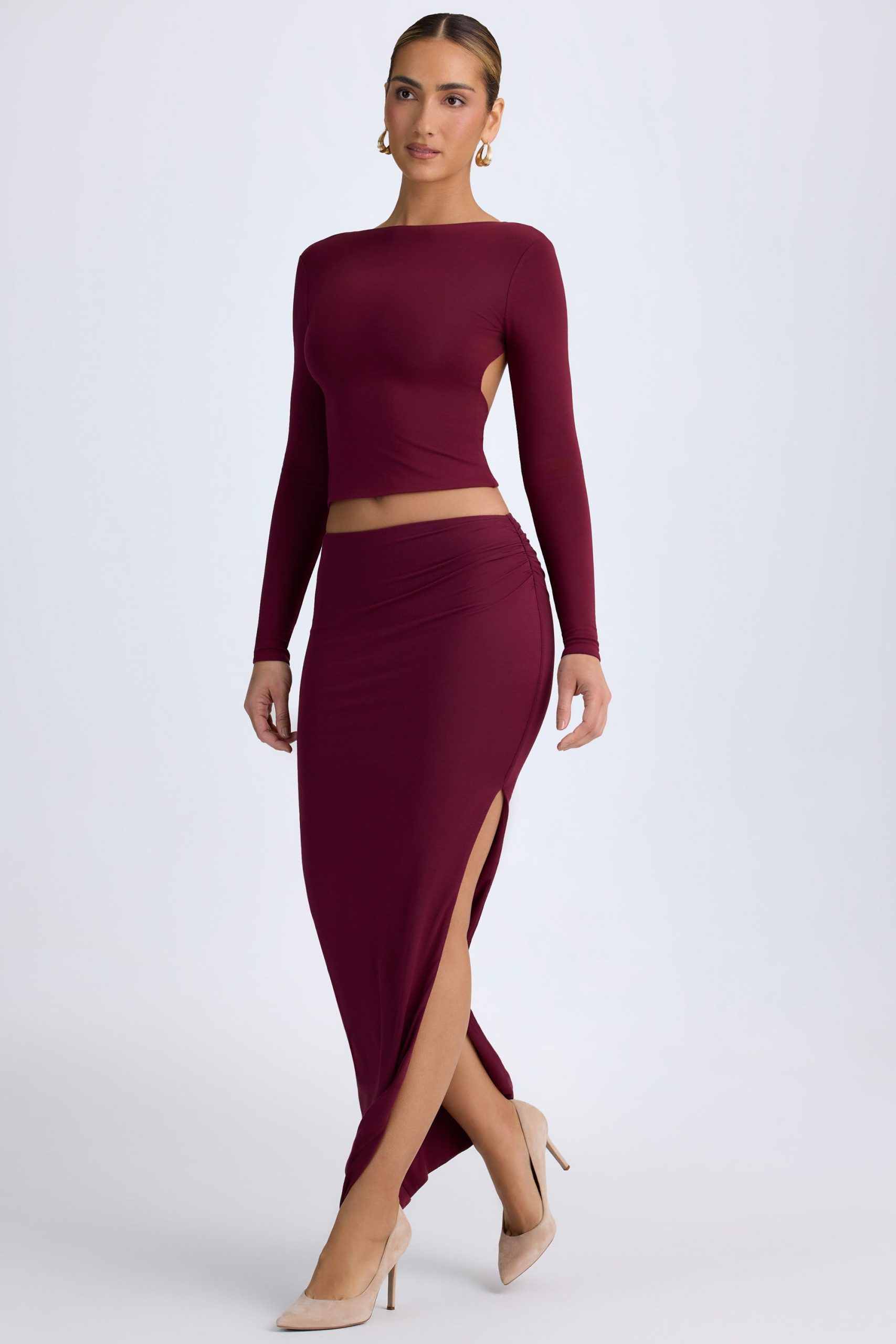 Modal Low-Rise Maxi Skirt in Wine Red - Image 7