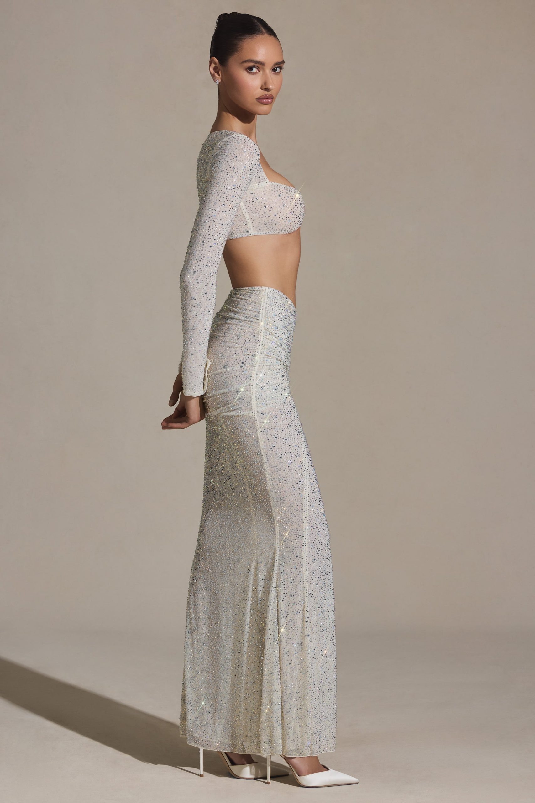 Embellished Ruched Maxi Skirt in White - Image 8