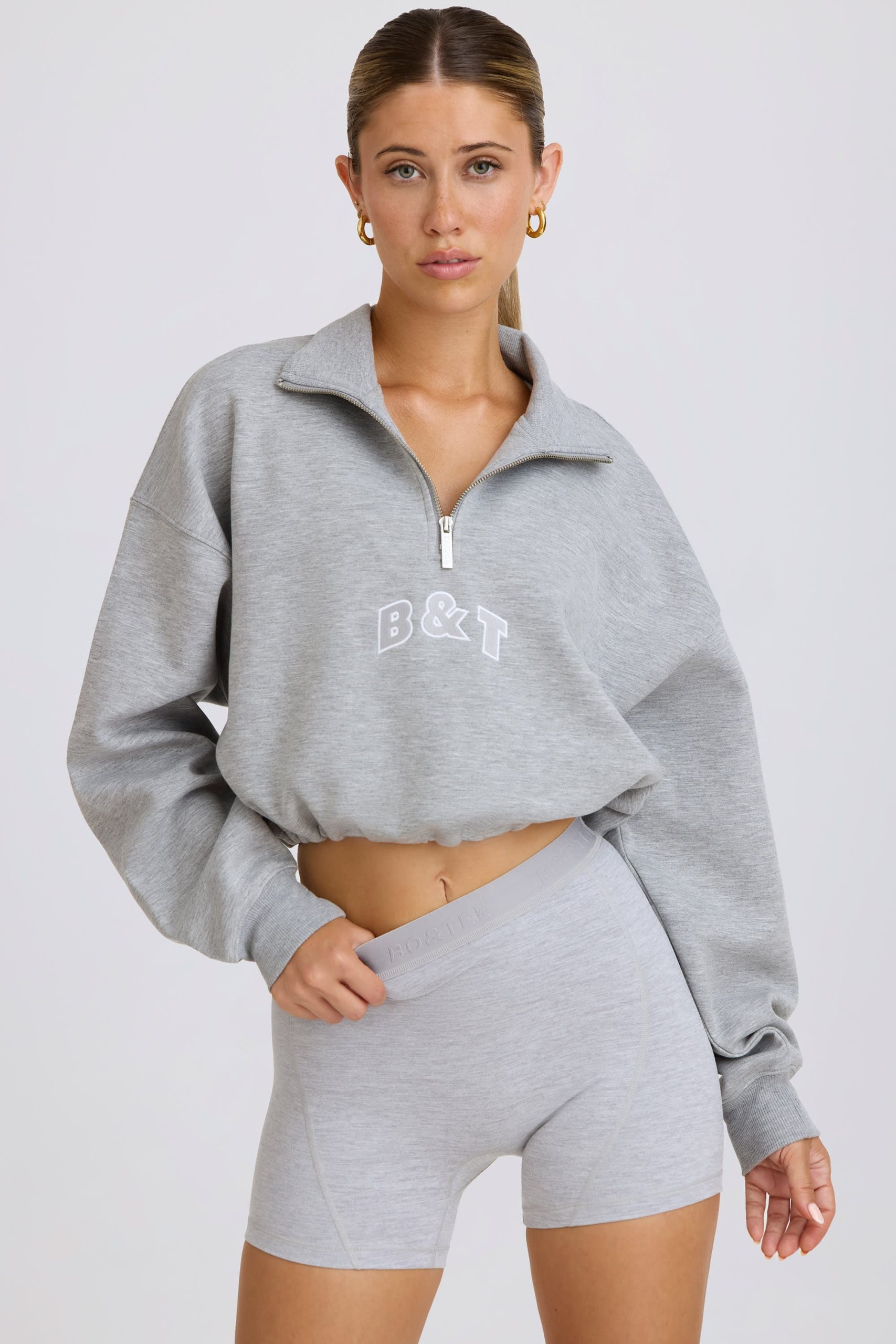 Quarter-Zip Cropped Sweatshirt in Grey Marl - Image 5