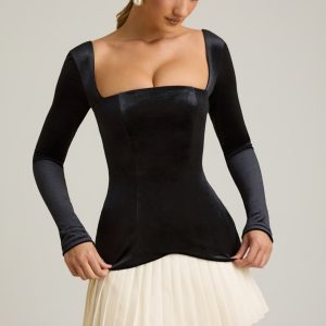 Layered Pleated Corset Mini Dress in Black