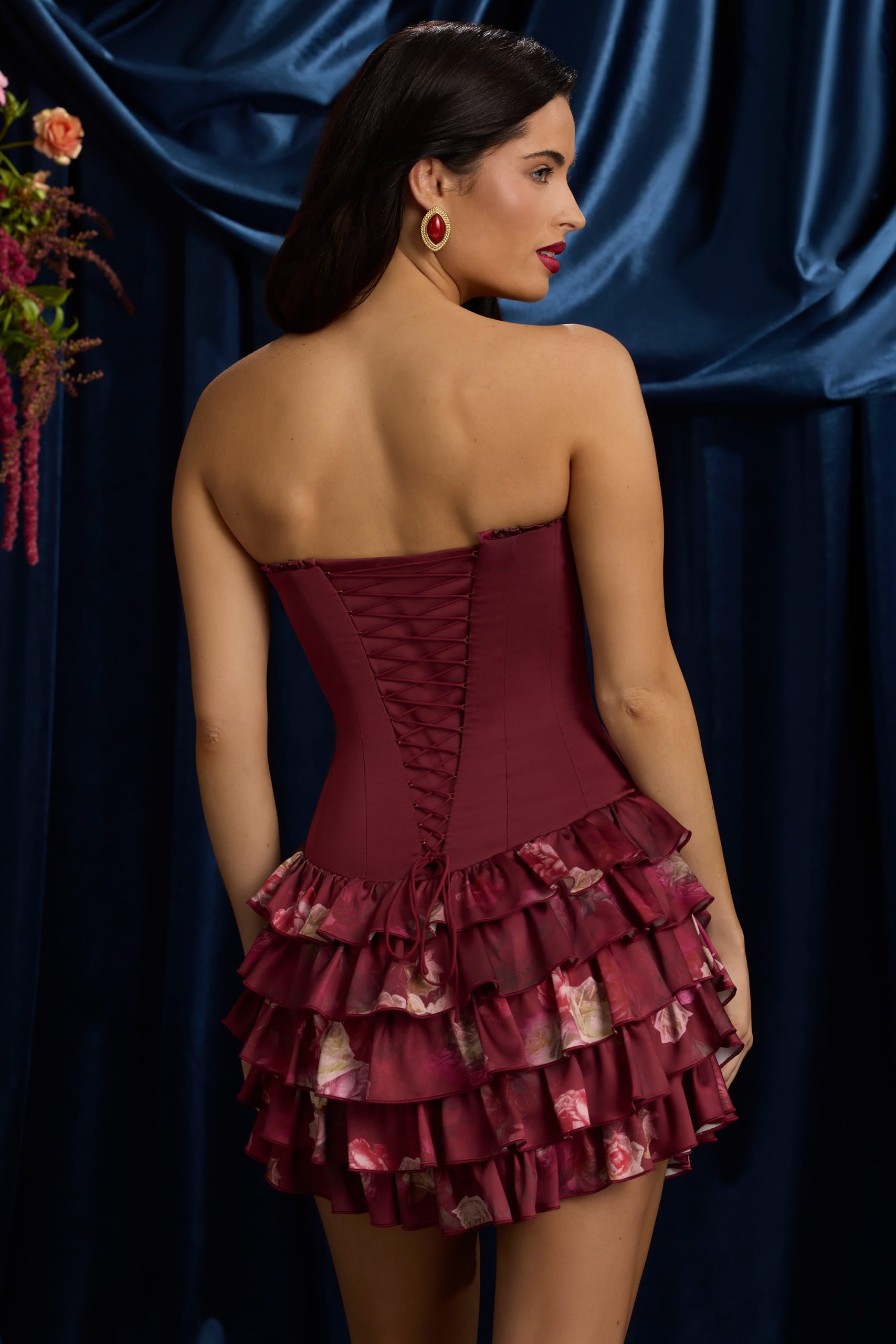 Strapless Ruffled Tiered Corset Mini Dress in Maroon Floral Print - Image 8