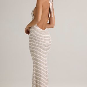 Modal Halterneck Maxi Dress in Pink Yellow Stripe