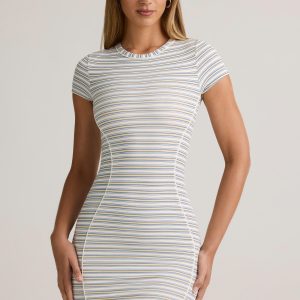 Modal Short-Sleeve Bodycon Mini Dress in Blue Yellow Stripe