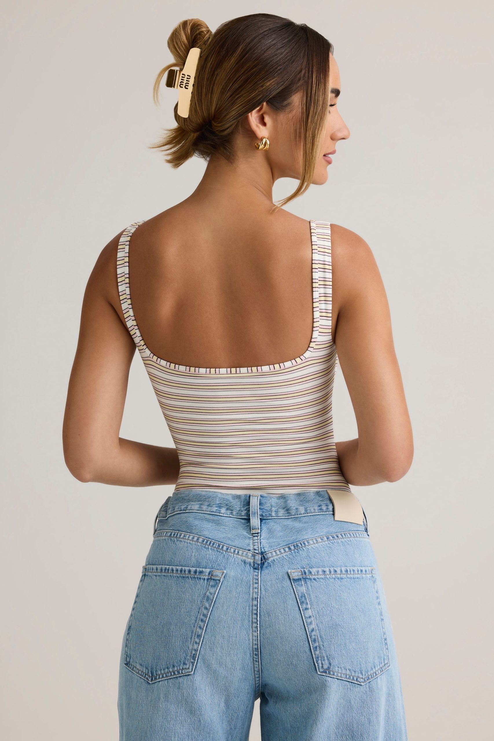 Modal Square-Neck Bodysuit in Pink Yellow Stripe - Image 2