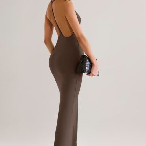 Modal Plunge Backless Maxi Dress in Chocolate Brown