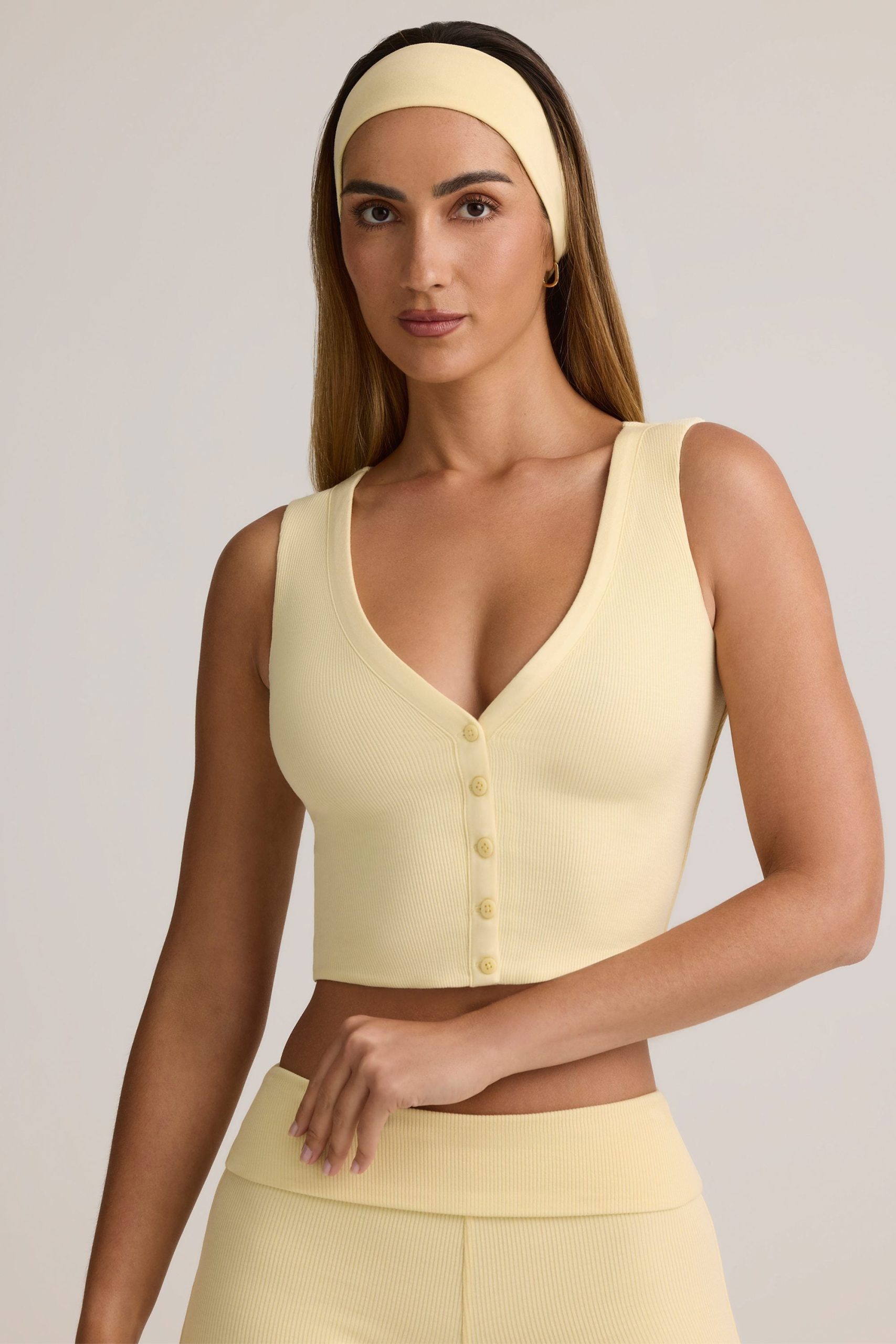 Modal Ribbed Button-Up Vest Top in Buttercream Yellow - Image 5