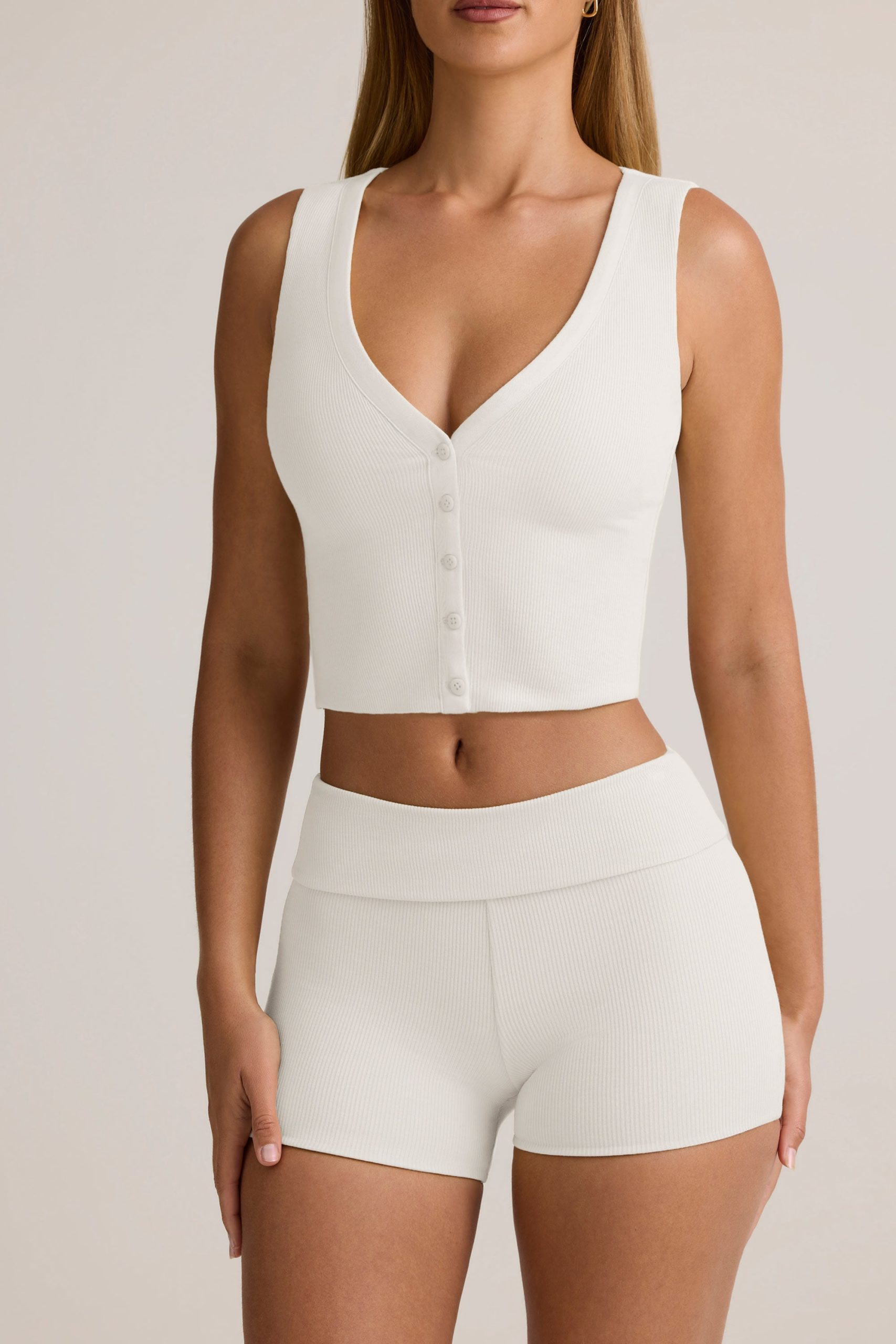 Modal Ribbed Button-Up Vest Top in White - Image 2