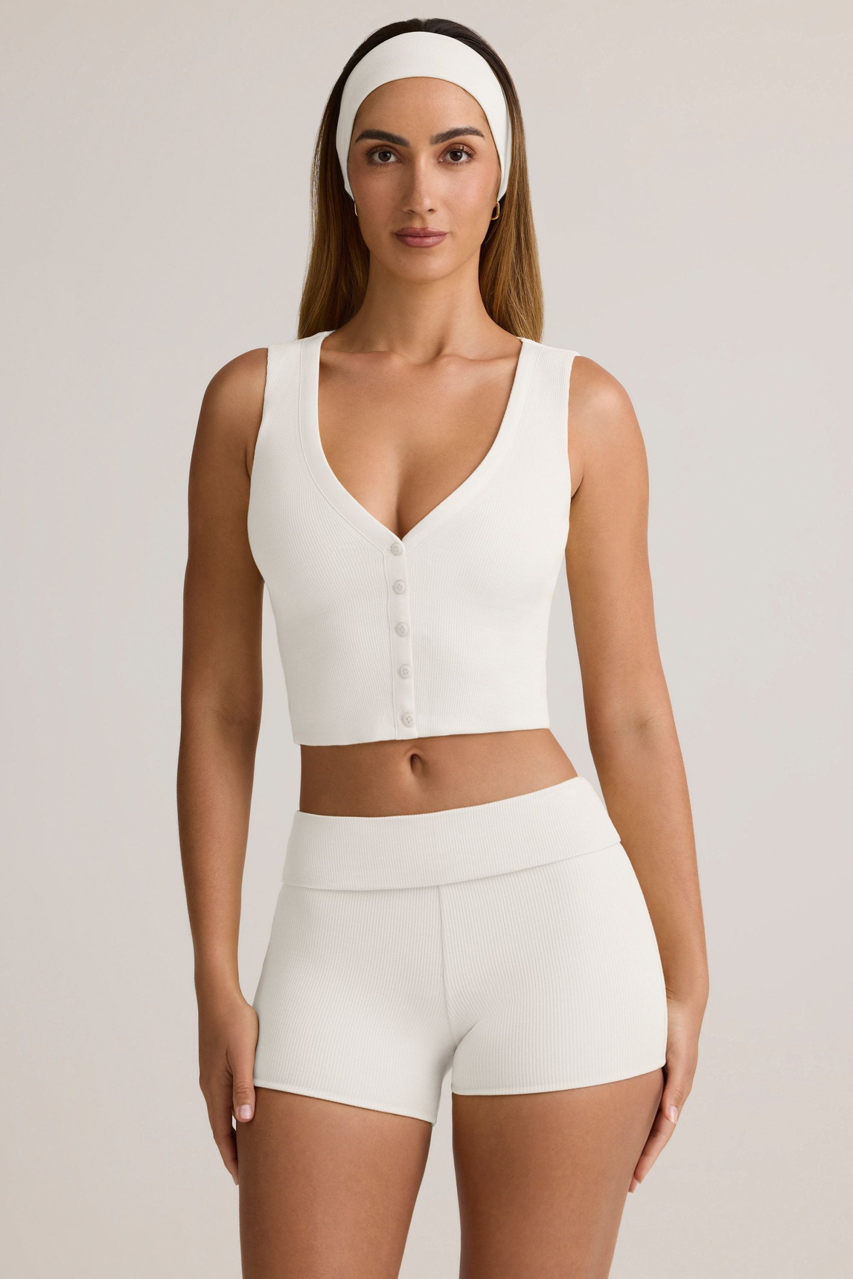 Modal Ribbed Button-Up Vest Top in White - Image 6