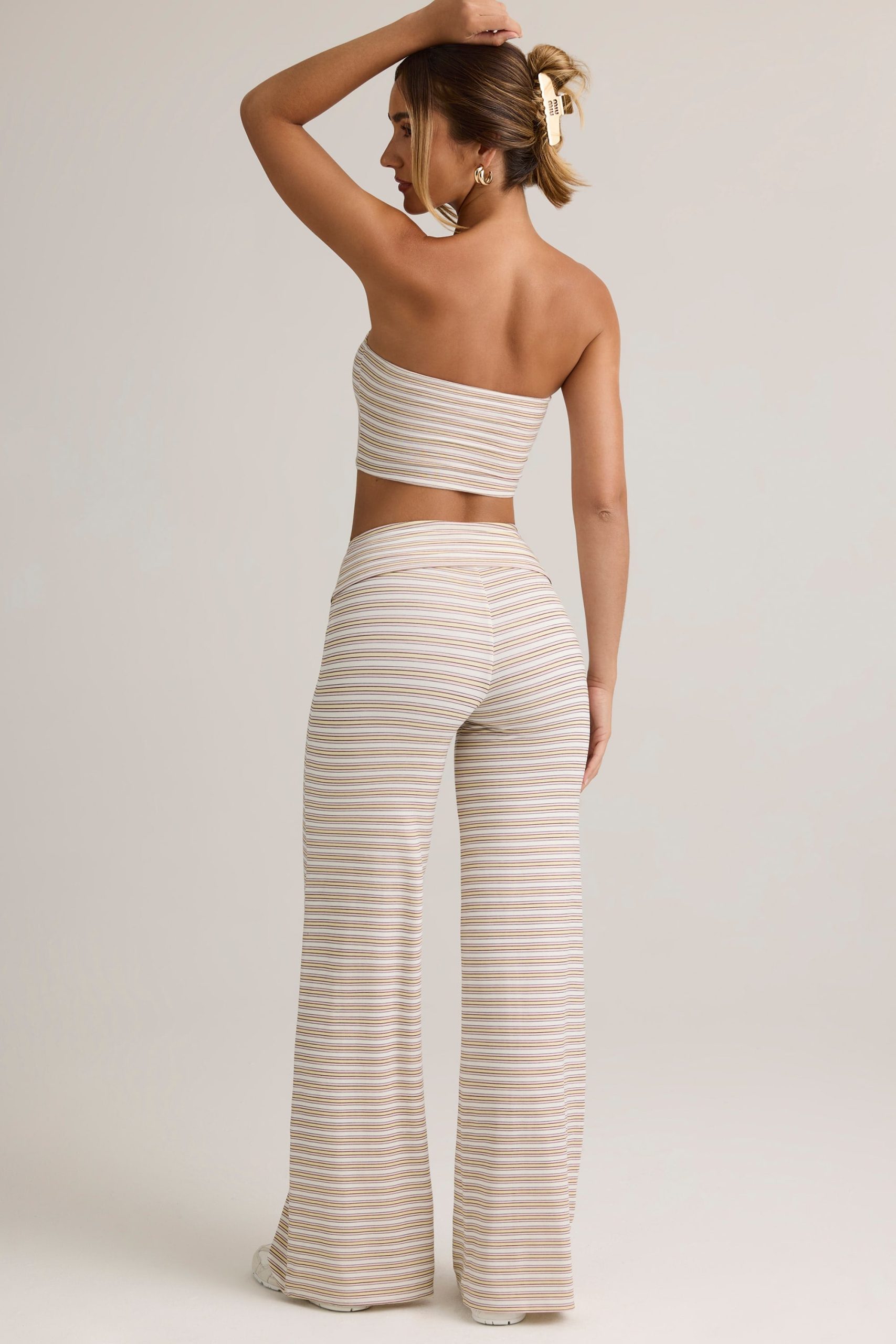 Modal Foldover Wide-Leg Trousers in Pink & Yellow Stripe - Image 2