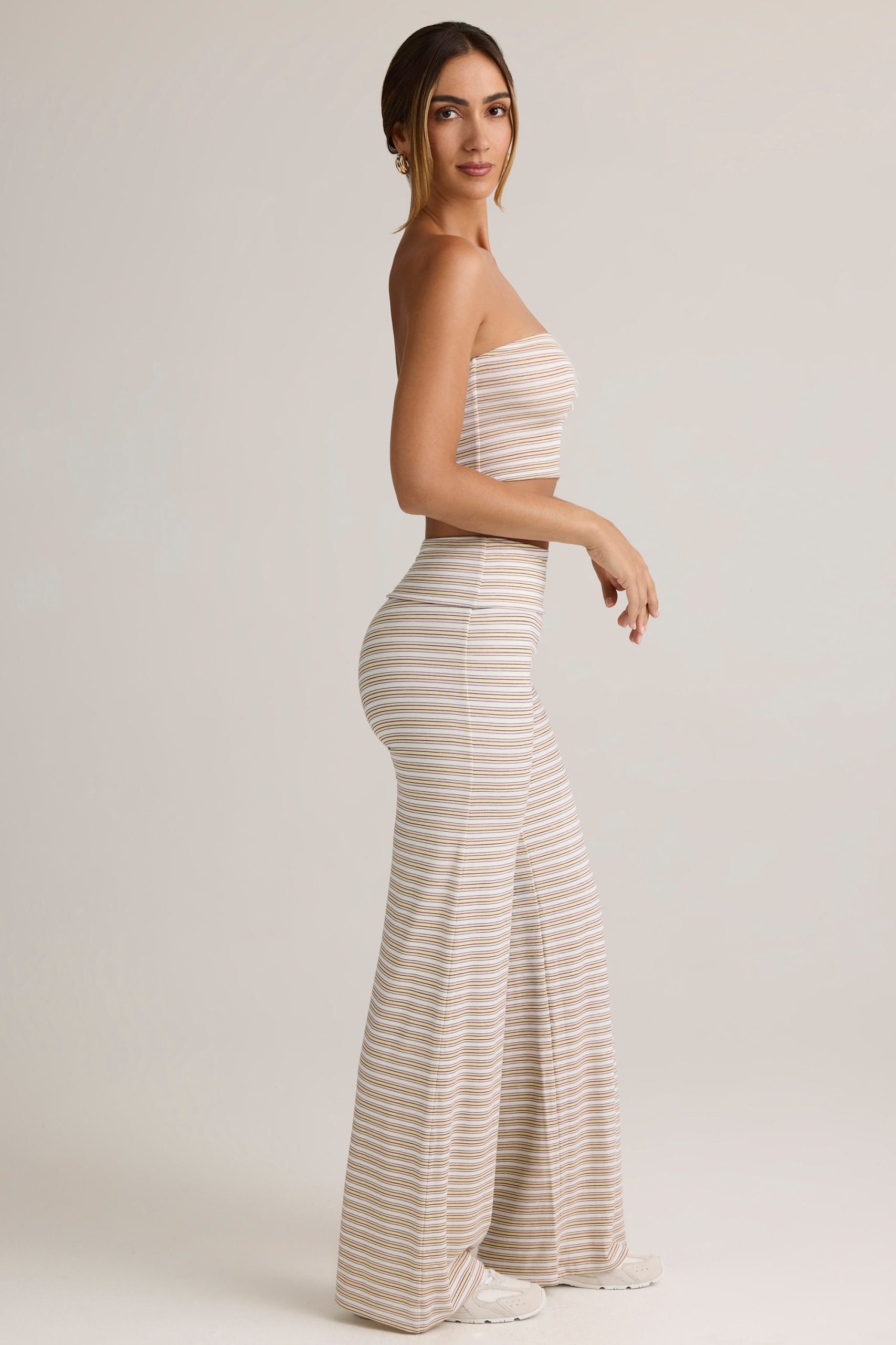 Modal Foldover Wide-Leg Trousers in Pink & Yellow Stripe - Image 3