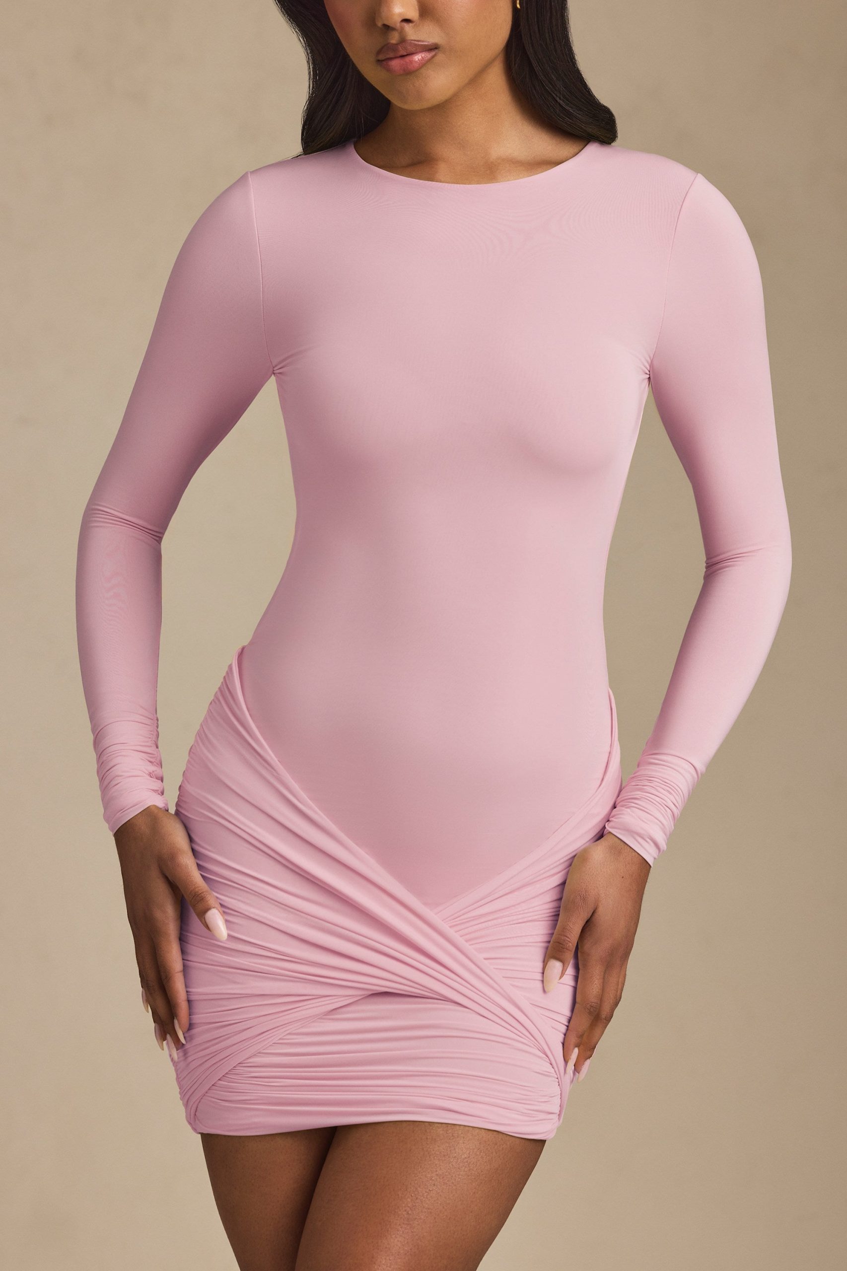 Modal Twist-Front Ruched Backless Mini Dress in Soft Pink - Image 2