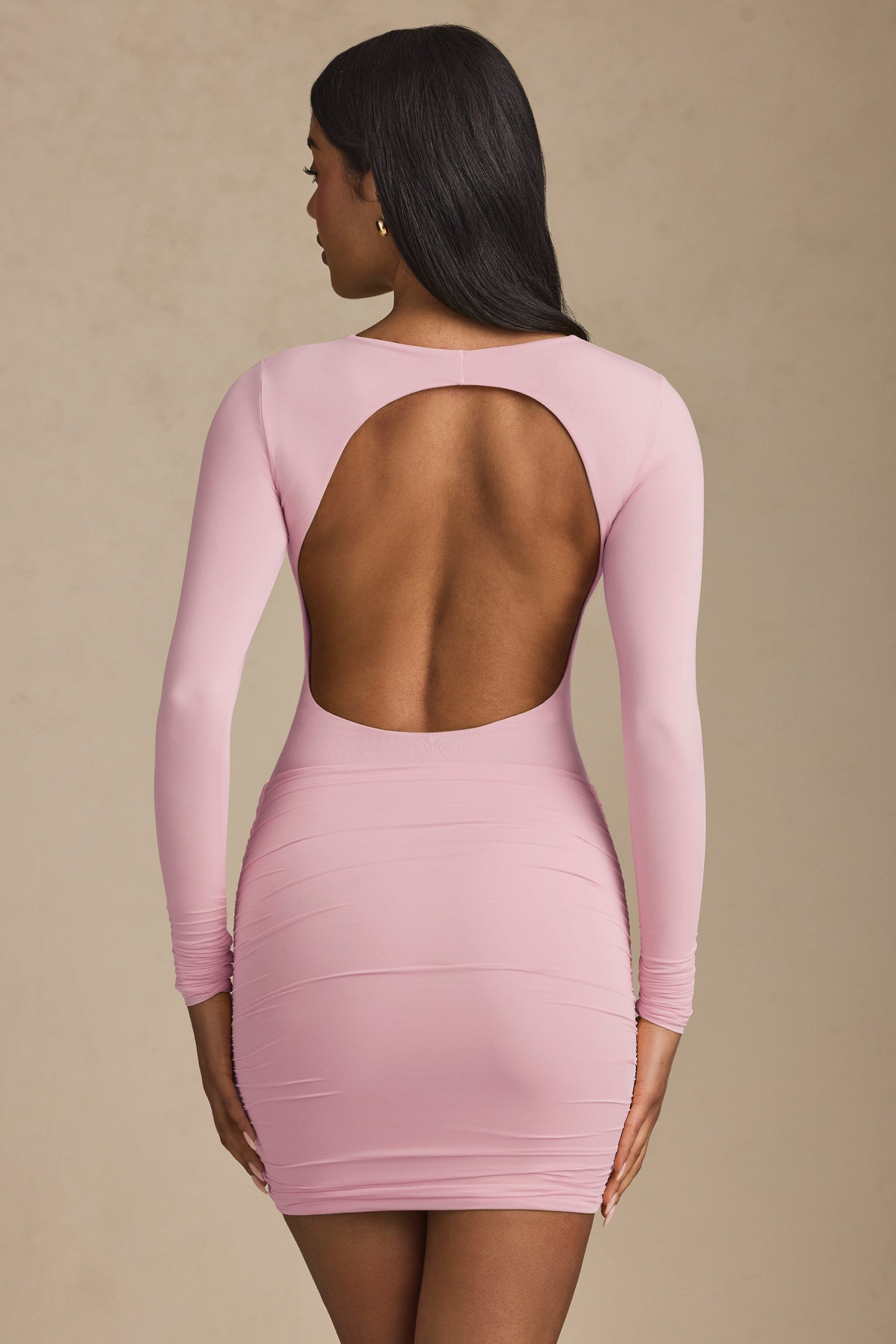 Modal Twist-Front Ruched Backless Mini Dress in Soft Pink - Image 3