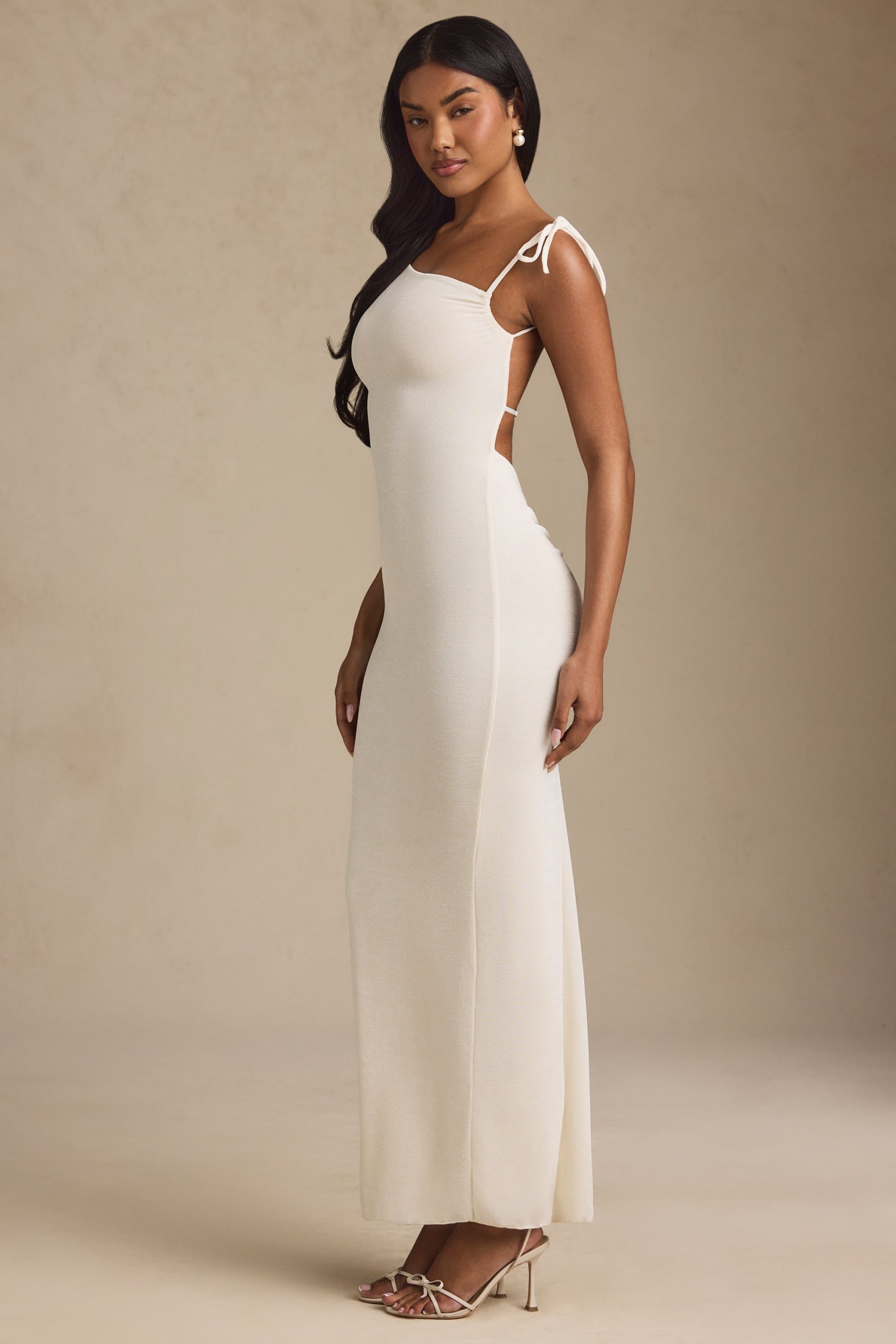Textured Jersey Backless Maxi Dress in Ivory - Image 6