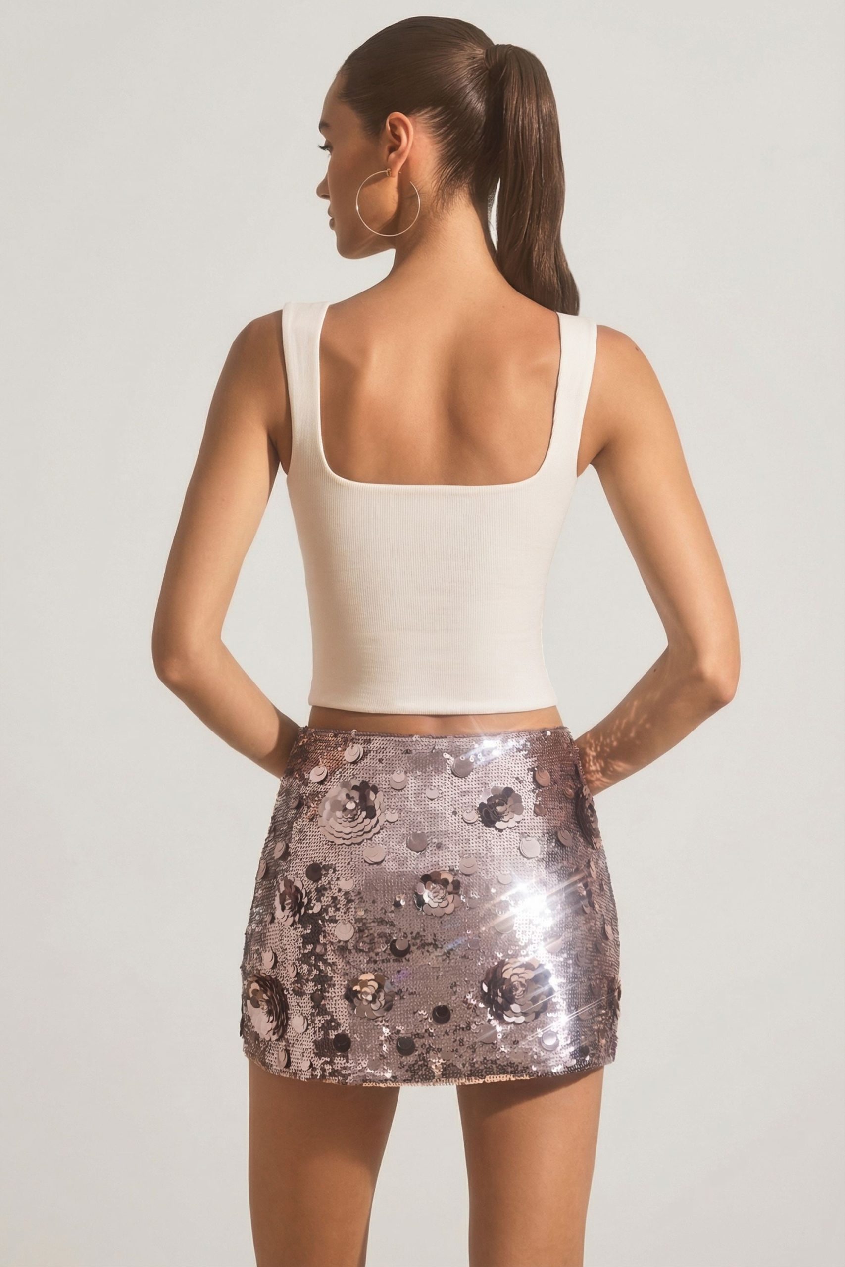 Sequin-Embellished Mini Skirt in Silver - Image 2