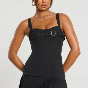 Brushed Twill Drop Waist Kilt Mini Dress in Black
