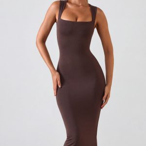Square Neck Midi Dress in Chocolate Brown