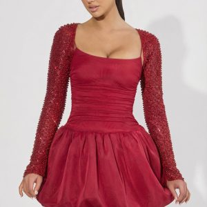 Embellished Bubble Hem Mini Dress in Red